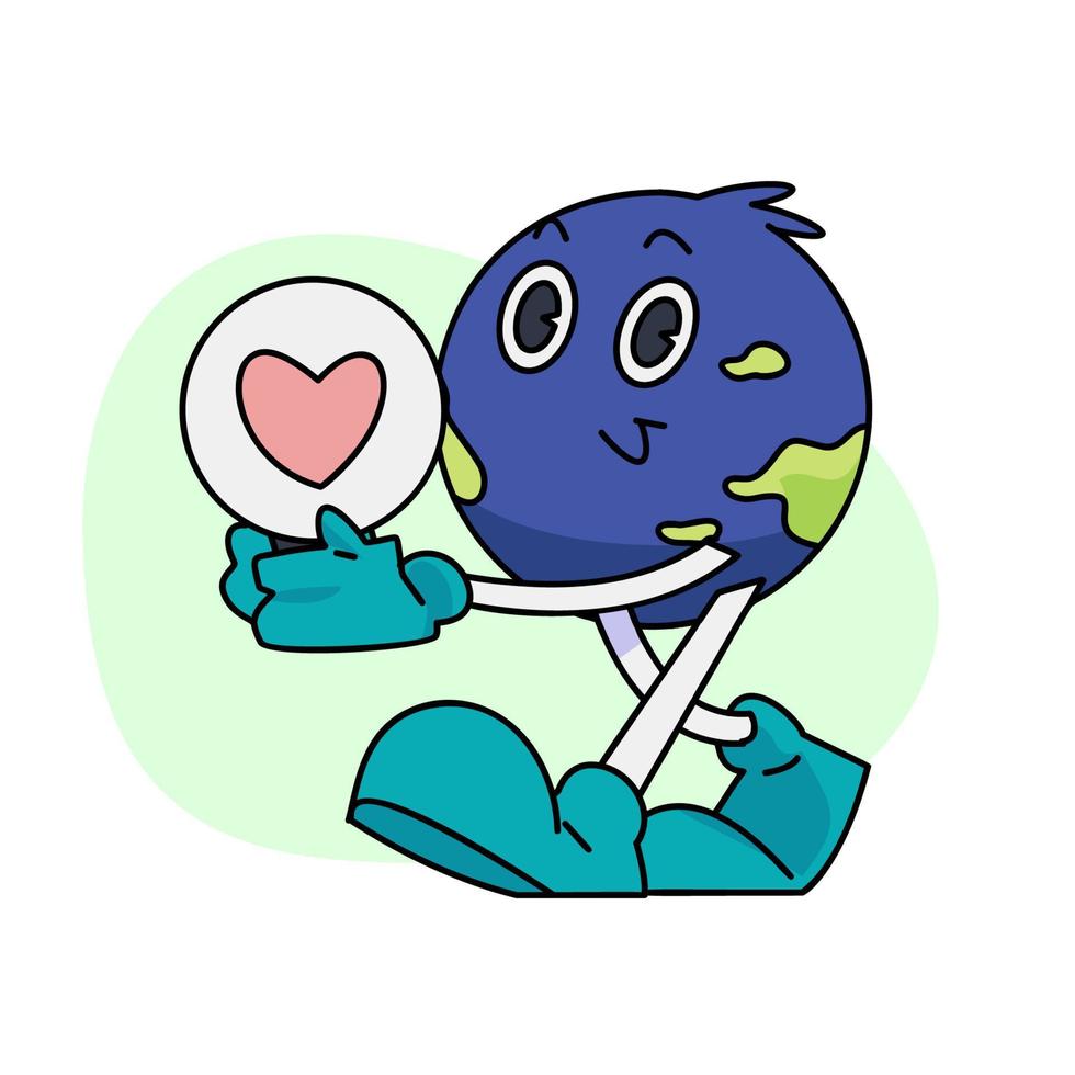 Jahrgang glücklich süß Erde Planet Charakter Maskottchen ist Tragen ein Licht Birne Innerhalb welche ist ein Herz Symbol. Vektor Illustration