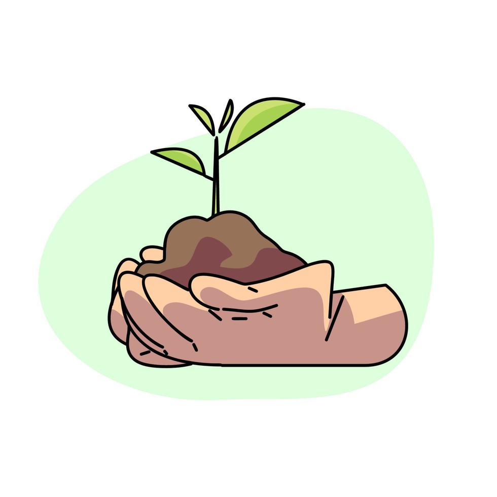 Jahrgang glücklich süß Erde Planet Charakter Maskottchen Hand halten Boden und wachsend Pflanze. Vektor Illustration