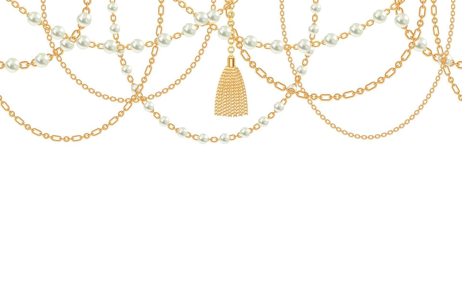 bakgrund med gyllene metallhalsband. tofs, pärlor och kedjor. på vitt. vektor illustration