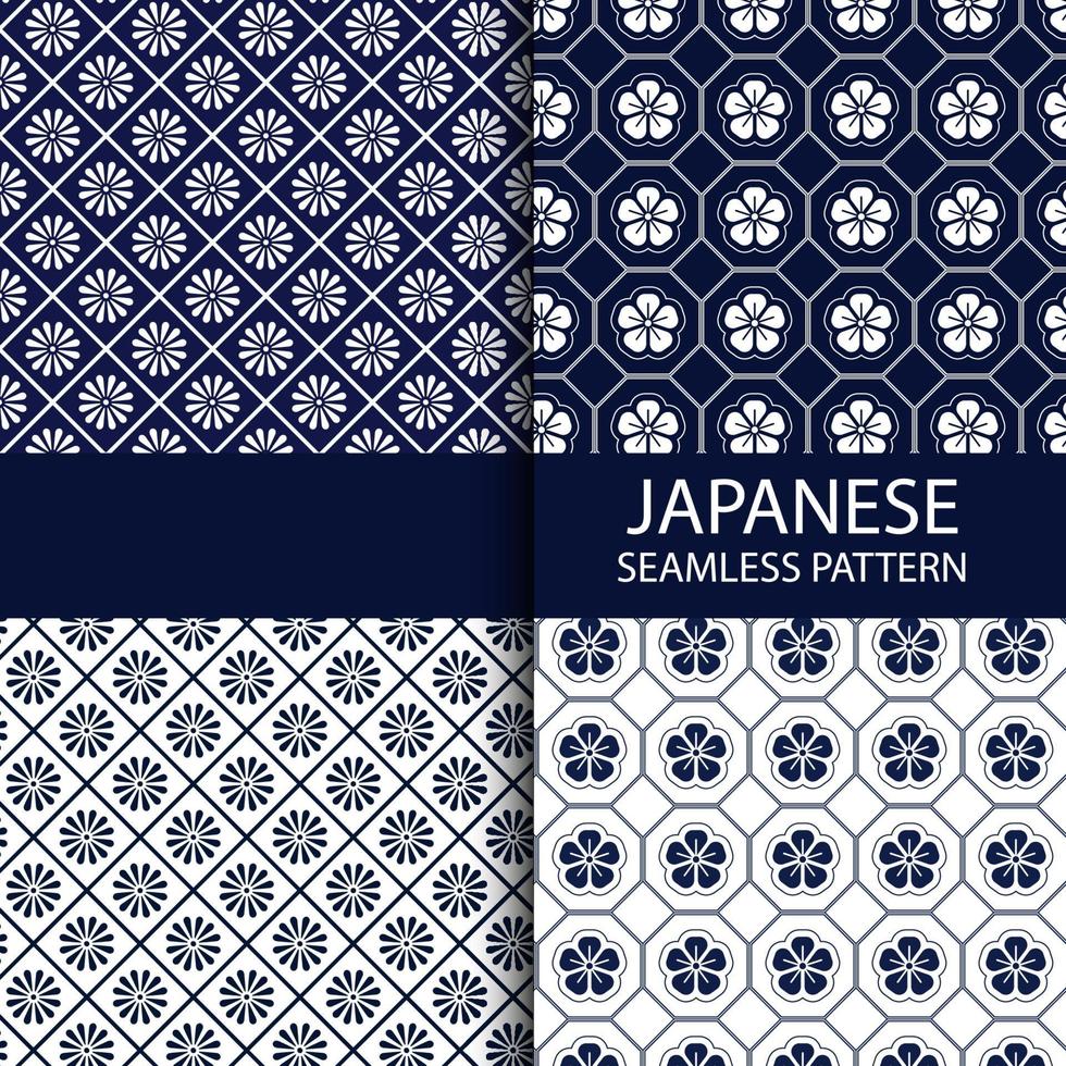 uppsättning traditionella japanska sömlösa mönster i indigofärg vektor