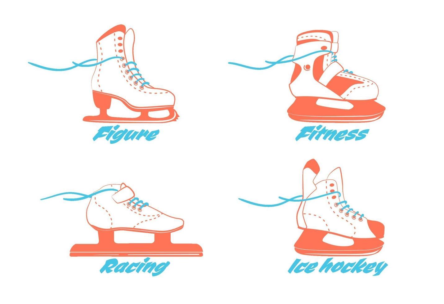 uppsättning olika skridskor - figur, fitness, racing, hockey. typ av skridskor. vinter sport utrustning logotyp i vintage färger. vektorillustration isolerad på vit bakgrund. vektor