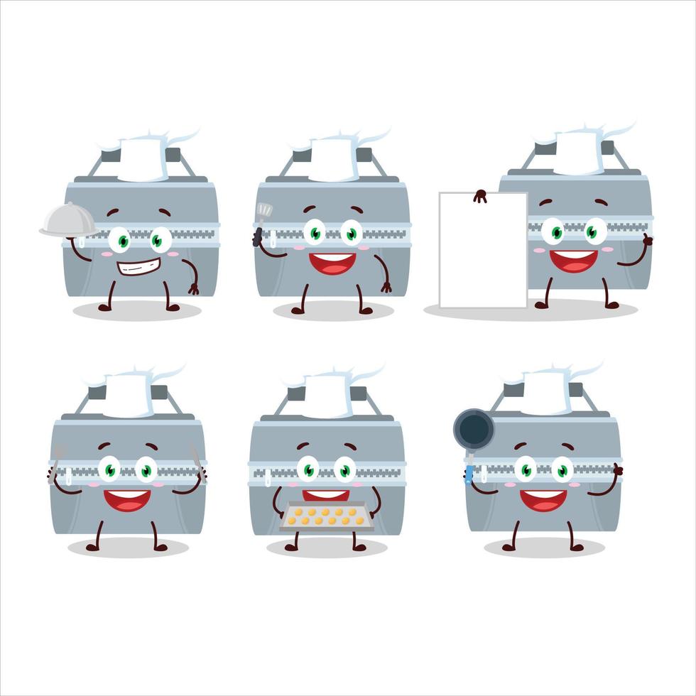 tecknad serie karaktär av grå lunch låda med olika kock uttryckssymboler vektor