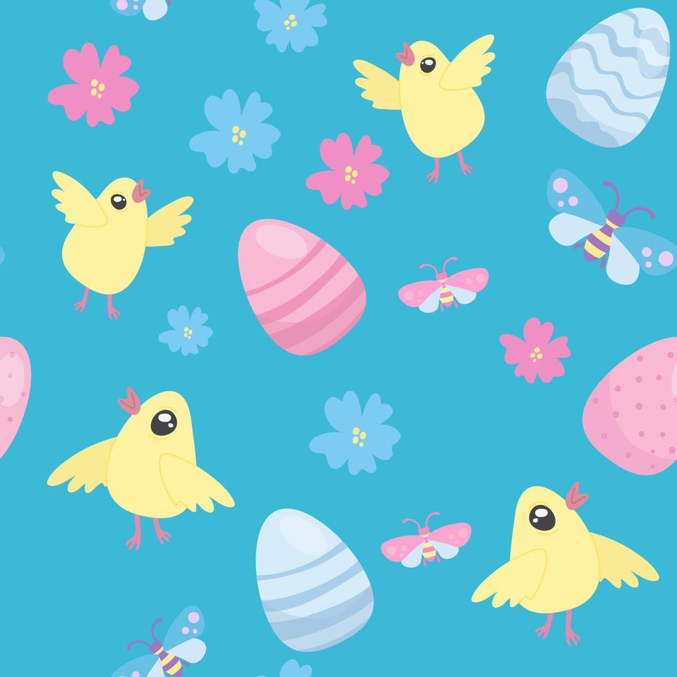 Lycklig påsk sömlös mönster. söt påsk ägg, blommor, vide träd, gul kycklingar, buggar på en blå bakgrund vektor