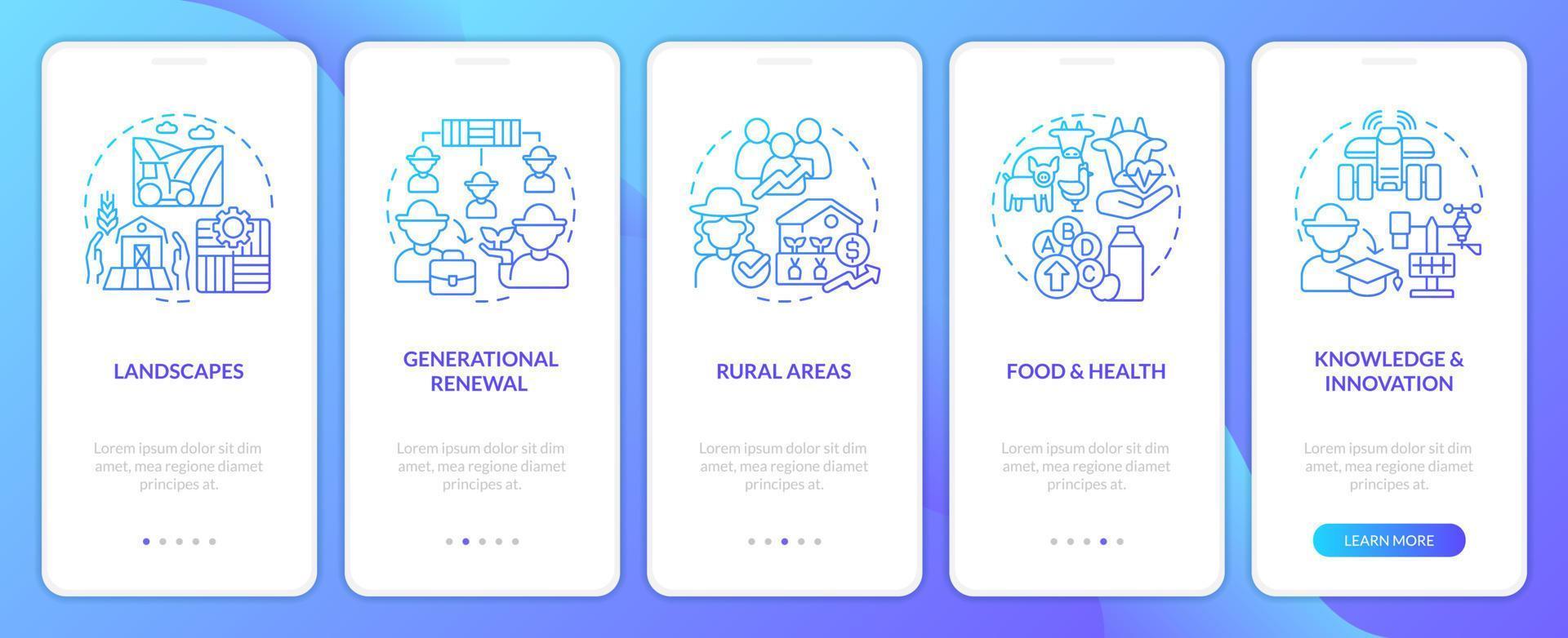 Landwirtschaft Politik fokussiert Blau Gradient Onboarding Handy, Mobiltelefon App Bildschirm. Komplettlösung 5 Schritte Grafik Anleitung mit linear Konzepte. ui, ux, gui Vorlage vektor