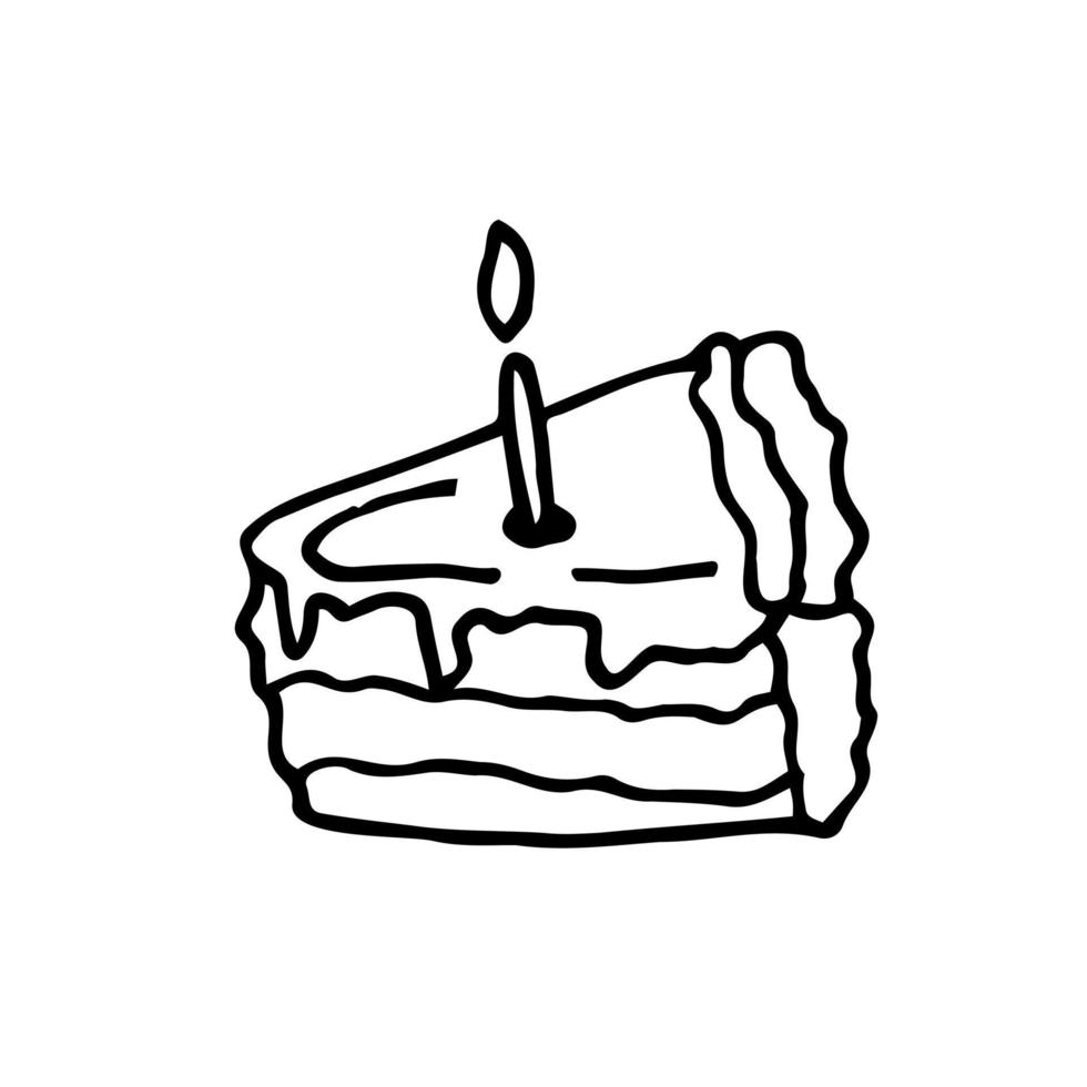 Scheibe von Geburtstag Kuchen mit Kerze, glücklich Geburtstag Gruß Karte Design mit Hand gezeichnet Kritzeleien. süß Karikatur Vektor Clip Kunst Illustration.