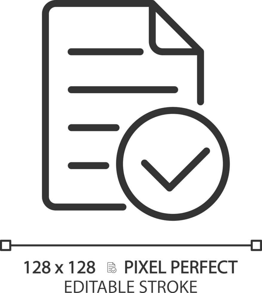 dokumentera med kolla upp mark pixel perfekt linjär ikon. godkänd företag papper. företags- information kontrollera. tunn linje illustration. kontur symbol. vektor översikt teckning. redigerbar stroke