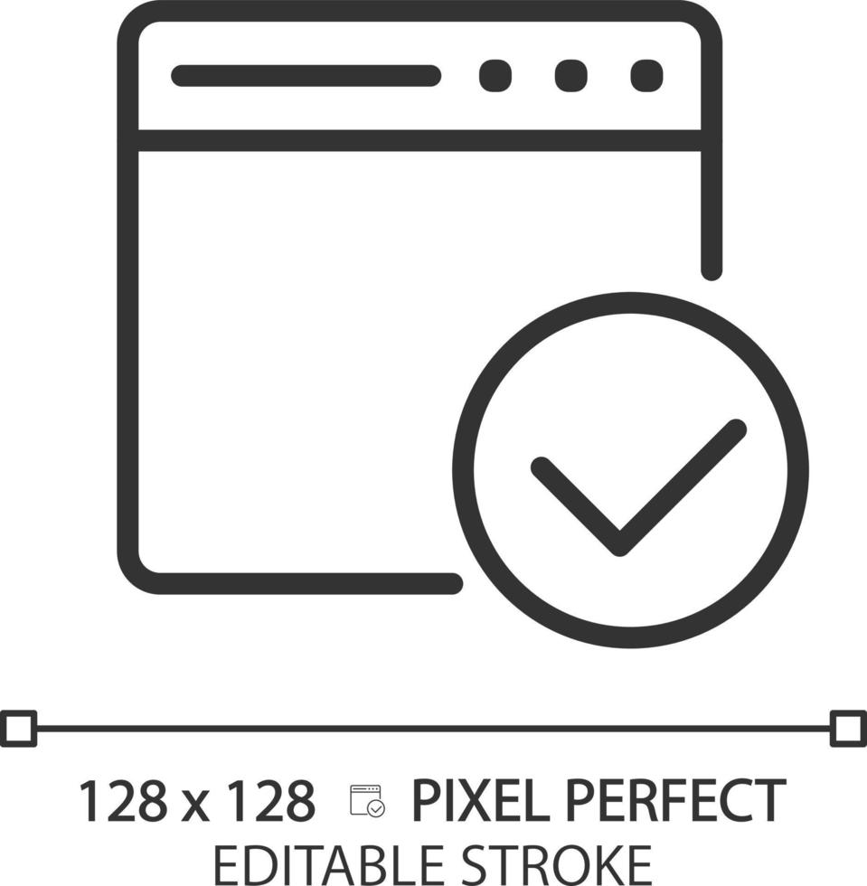 Netz Seite mit Tick Pixel perfekt linear Symbol. Webseite Fenster mit Häkchen. vertrauensvoll Quellen auf Internet. dünn Linie Illustration. Kontur Symbol. Vektor Gliederung Zeichnung. editierbar Schlaganfall