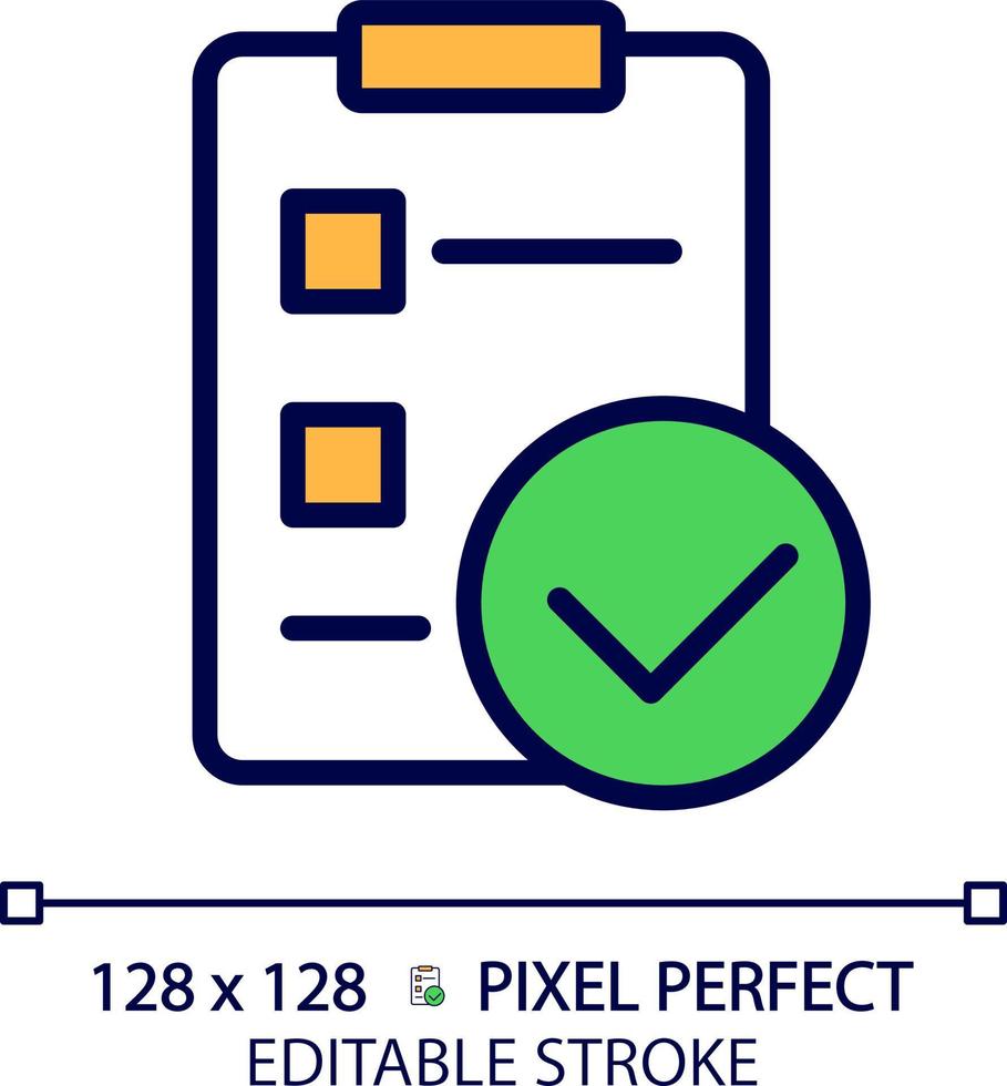 Checkliste mit Häkchen Pixel perfekt rgb Farbe Symbol. Markierung Aufgabe Fertigstellung. Arbeit steuern dokumentieren. isoliert Vektor Illustration. einfach gefüllt Linie Zeichnung. editierbar Schlaganfall