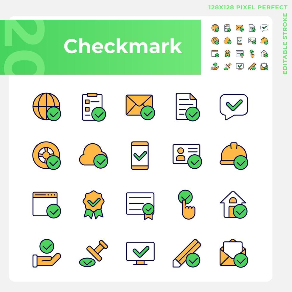 bock pixel perfekt rgb Färg ikoner uppsättning. information godkännande tecken. rösta symboler. märken för korrekt data. isolerat vektor illustrationer. enkel fylld linje ritningar samling. redigerbar stroke