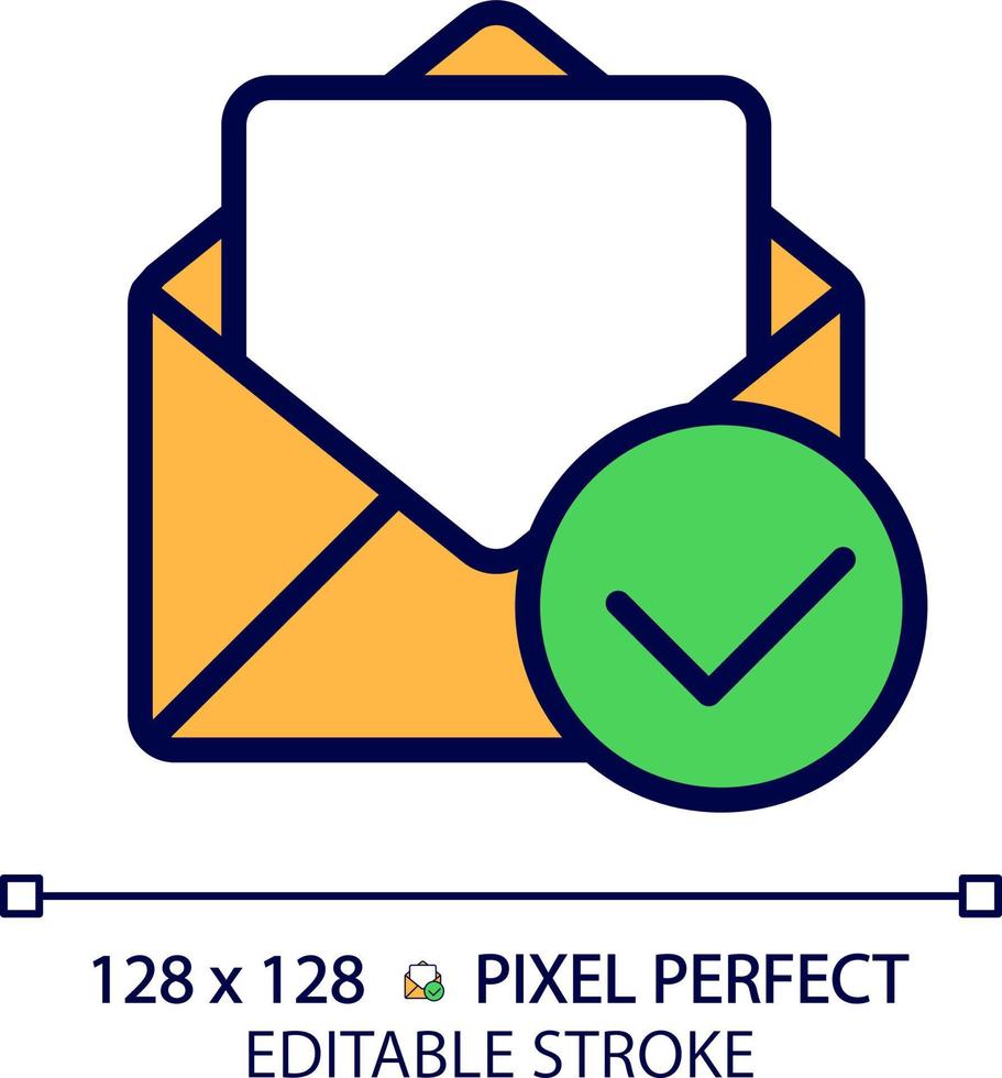 brev med kolla upp mark pixel perfekt rgb Färg ikon. läsa meddelande symbol. öppen kuvert med papper och bock. isolerat vektor illustration. enkel fylld linje teckning. redigerbar stroke