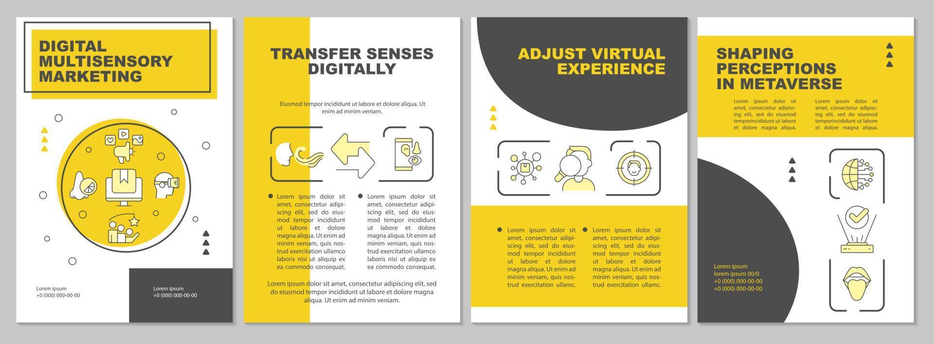 Digital multi sensorisch Werbung Gelb Broschüre Vorlage. Metaverse. Flugblatt Design mit linear Symbole. editierbar 4 Vektor Layouts zum Präsentation, jährlich Bericht