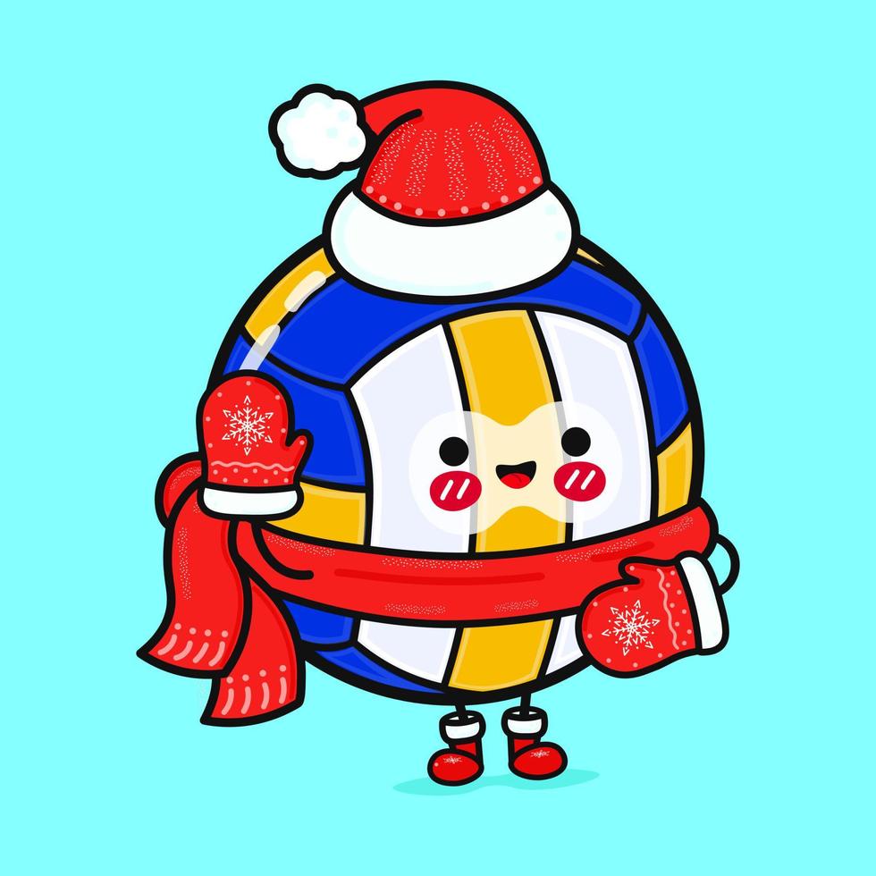 komisch lächelnd glücklich Volleyball und Weihnachten Hut. Vektor eben Karikatur Charakter Illustration Symbol Design. isoliert auf Blau Hintergrund
