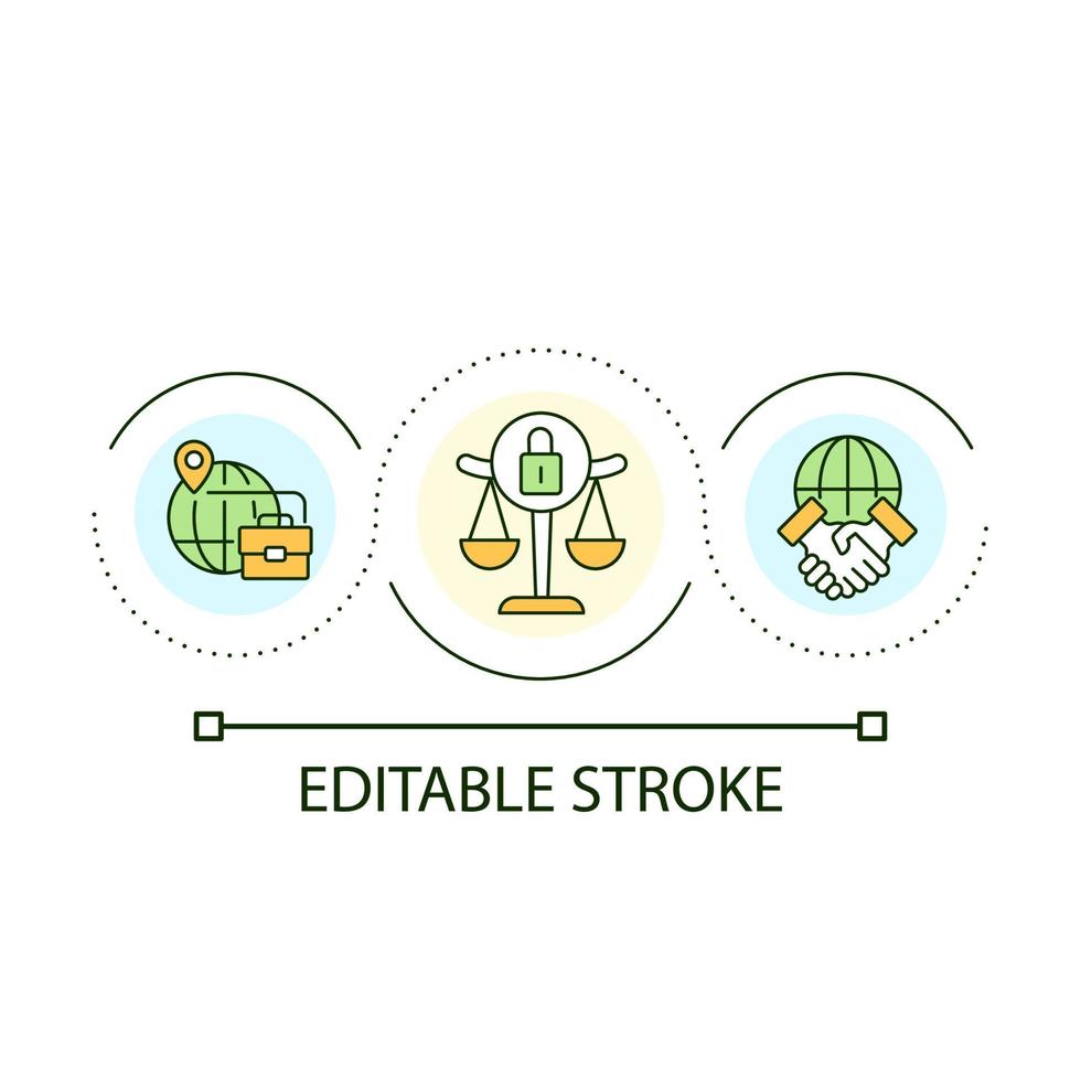 International Gesetz Schleife Konzept Symbol. weltweit Geschäft. global Netzwerk. Unternehmerschaft abstrakt Idee dünn Linie Illustration. isoliert Gliederung Zeichnung. editierbar Schlaganfall vektor