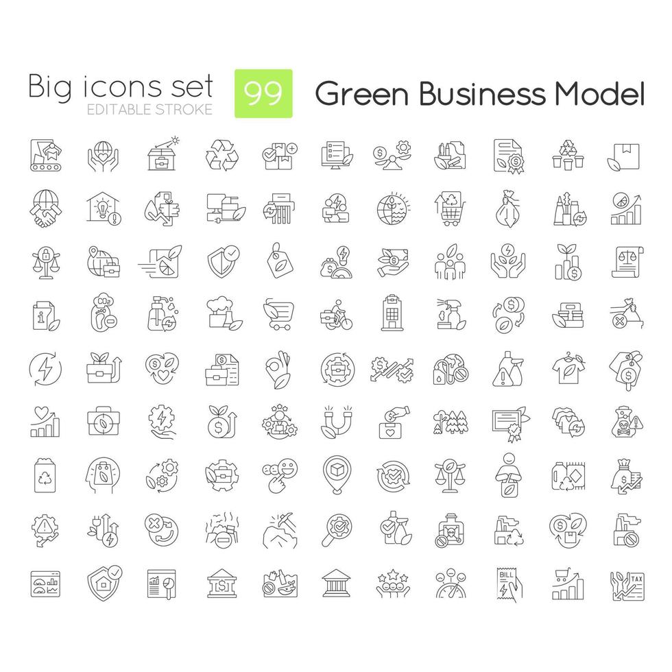 Grün Geschäft Modell- linear Symbole Satz. nachhaltig Unternehmen. Umwelt freundlich. anpassbar dünn Linie Symbole. isoliert Vektor Gliederung Illustrationen. editierbar Schlaganfall