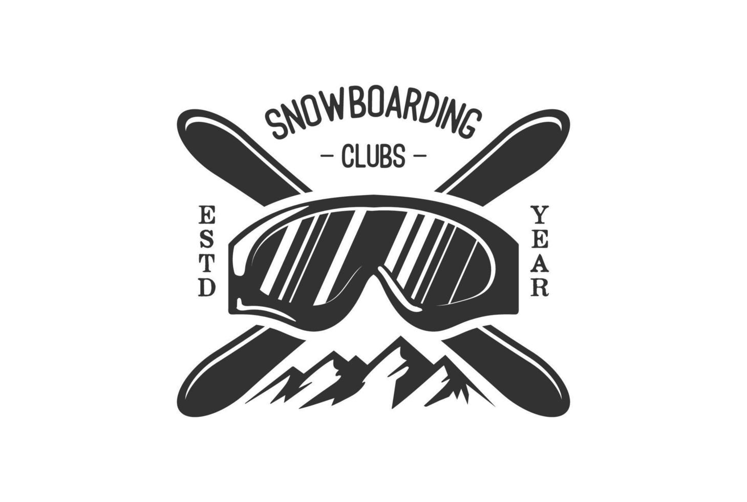 årgång korsade snowboard med åka skidor glasögon och isberg för åka snowboard logotyp vektor