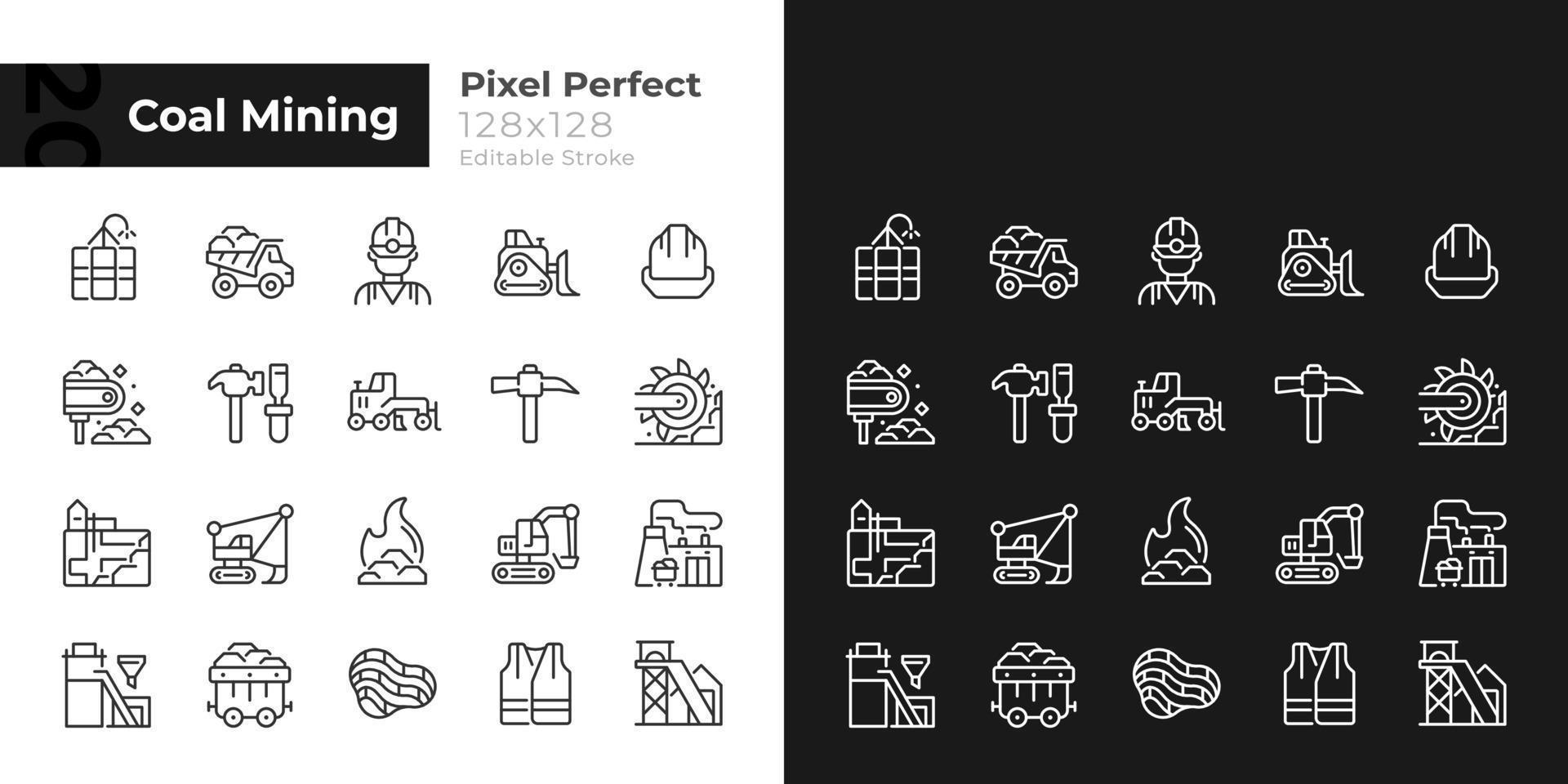 Kohle Bergbau Pixel perfekt linear Symbole einstellen zum dunkel, Licht Modus. persönlich schützend Ausrüstung. schwer Industrie. dünn Linie Symbole zum Nacht, Tag Thema. isoliert Illustrationen. editierbar Schlaganfall vektor