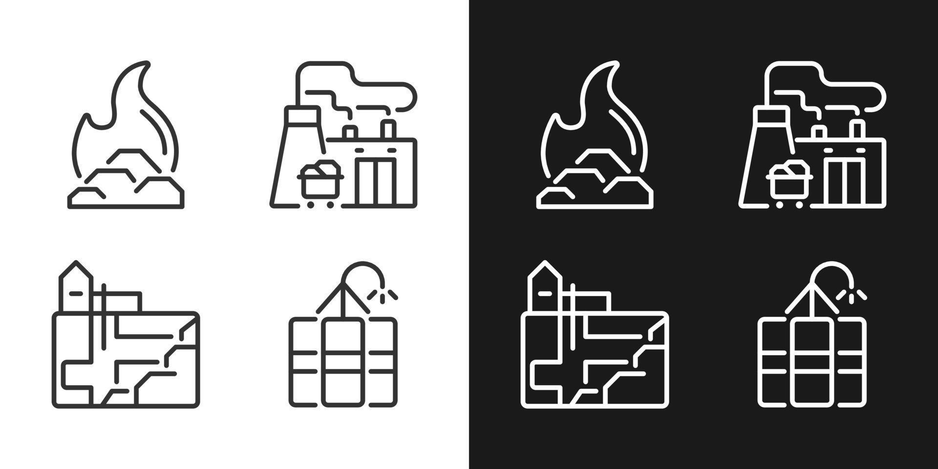 Steinbruch Bergbau Pixel perfekt linear Symbole einstellen zum dunkel, Licht Modus. Bergmann Handbuch Instrumente. Kohle Extraktion. Bagger. dünn Linie Symbole zum Nacht, Tag Thema. isoliert Illustrationen. editierbar Schlaganfall vektor