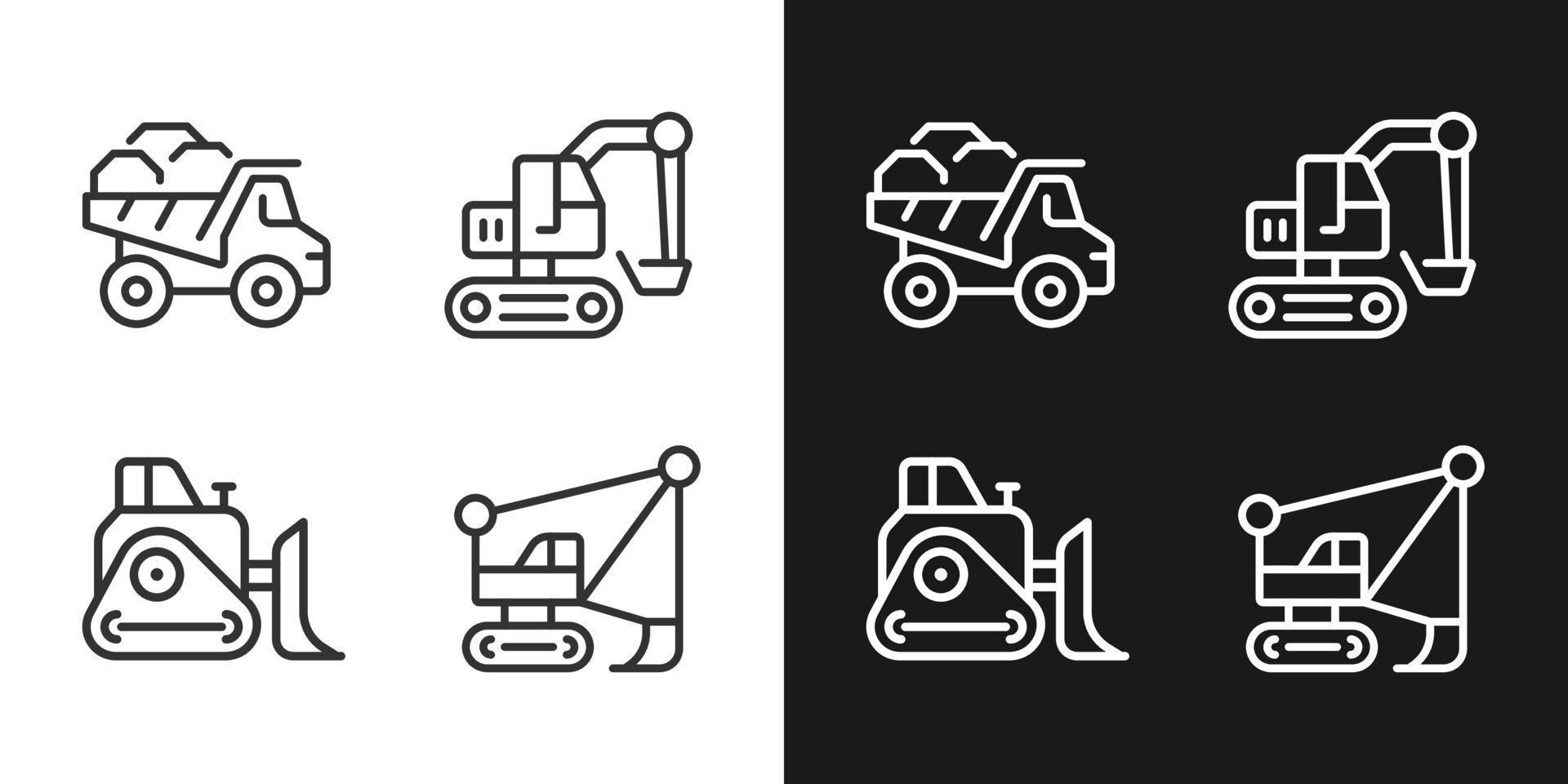 Bergbau Fahrzeuge Pixel perfekt linear Symbole einstellen zum dunkel, Licht Modus. schwer Ausrüstung. Kohle Bergbau Industrie. Bagger. dünn Linie Symbole zum Nacht, Tag Thema. isoliert Illustrationen. editierbar Schlaganfall vektor