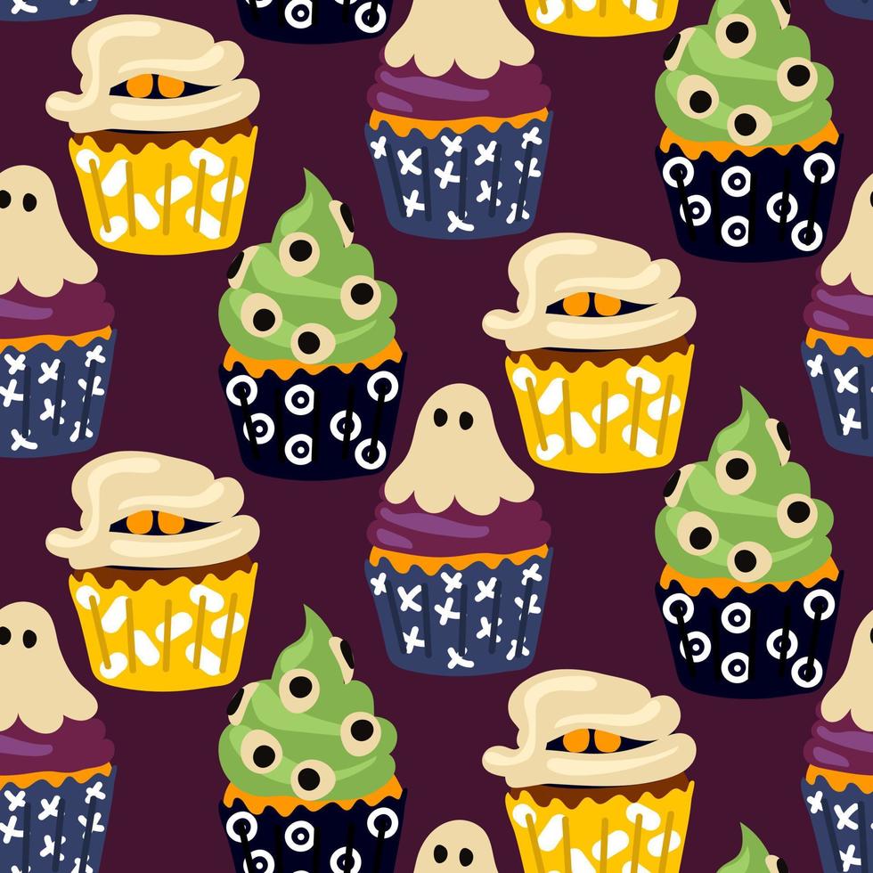 mönster muffins för halloween. bakverk i de form av muffins med en spöke, en mamma, en grön snigel med ögon. tecknad serie vektor. omslag papper för halloween, omslag, mönster, tyg. violett vektor