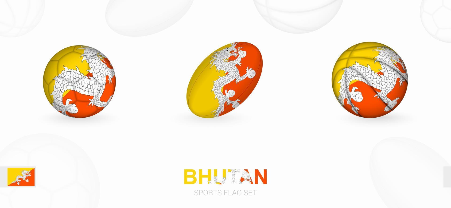 Sport Symbole zum Fußball, Rugby und Basketball mit das Flagge von bhutan. vektor