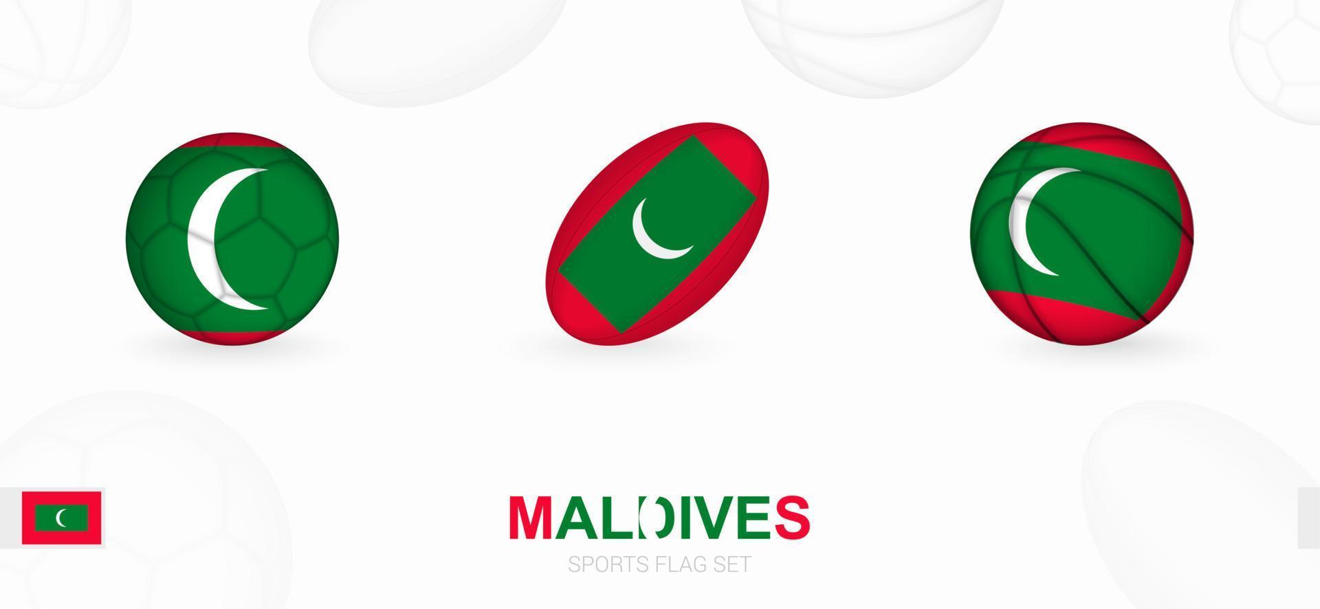 Sport Symbole zum Fußball, Rugby und Basketball mit das Flagge von Malediven. vektor