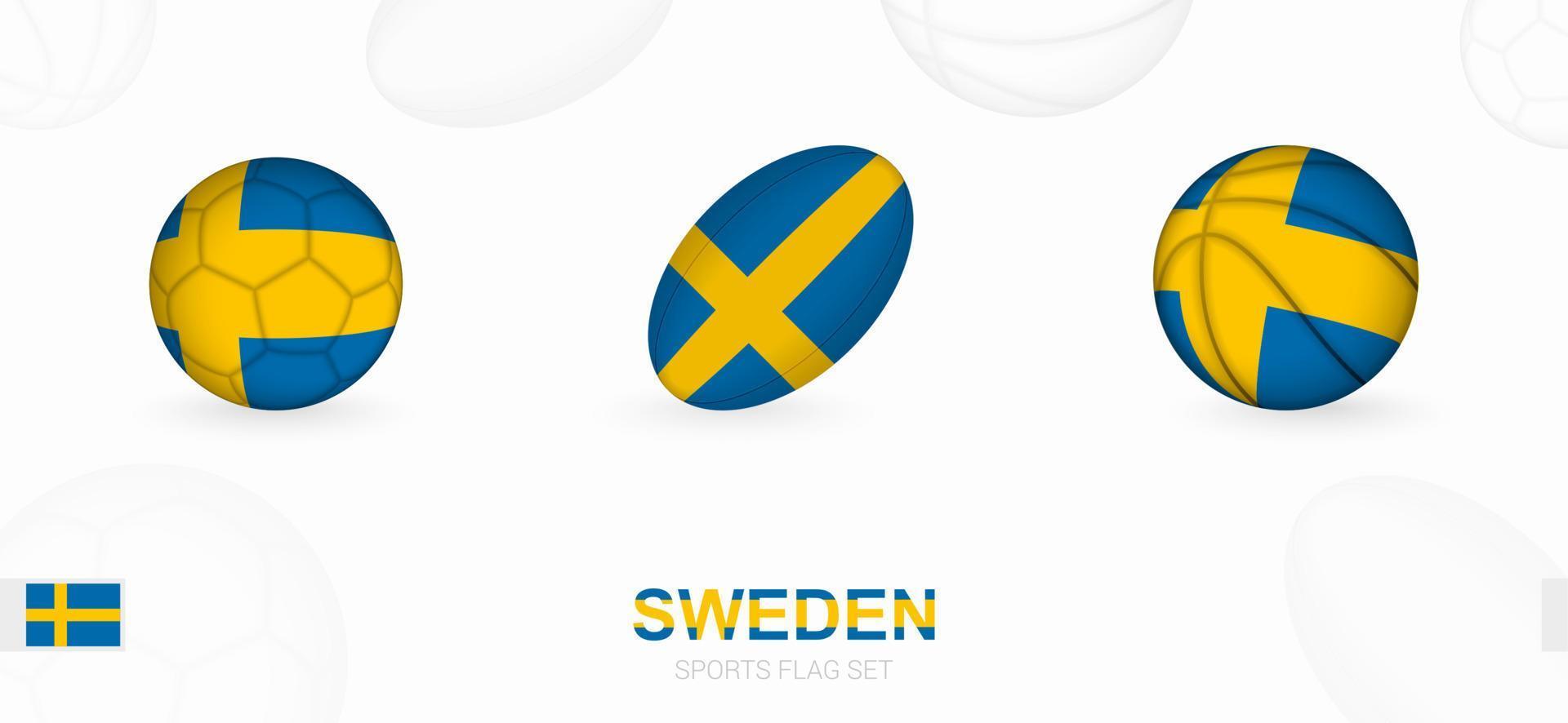 Sport Symbole zum Fußball, Rugby und Basketball mit das Flagge von Schweden. vektor
