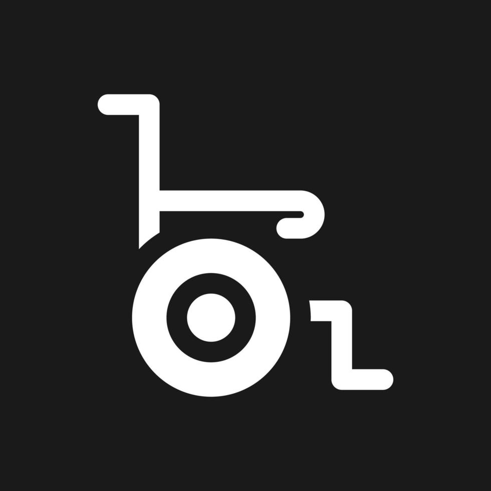 rullstol mörk läge glyf ui ikon. medicinsk Utrustning. handikapp. användare gränssnitt design. vit silhuett symbol på svart Plats. fast piktogram för webb, mobil. vektor isolerat illustration