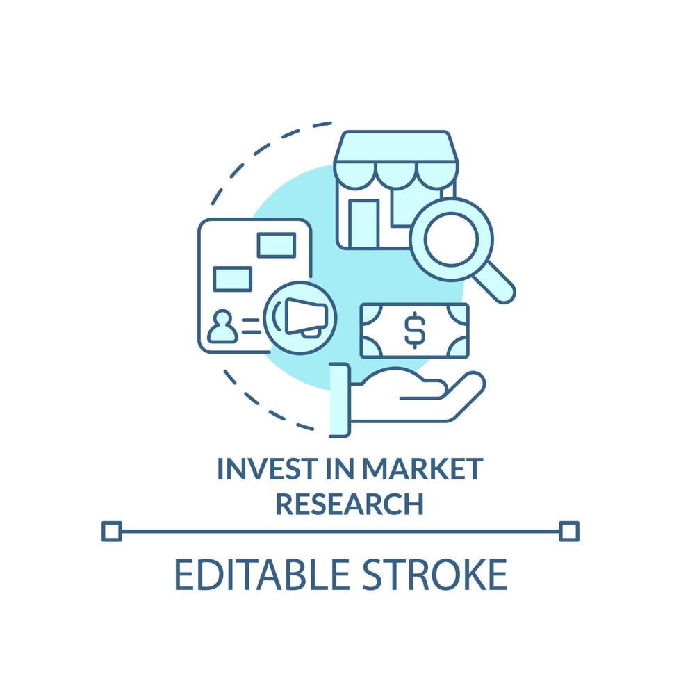 investera i marknadsföra forskning turkos begrepp ikon. företag analys. hantera priser abstrakt aning tunn linje illustration. isolerat översikt teckning. redigerbar stroke vektor