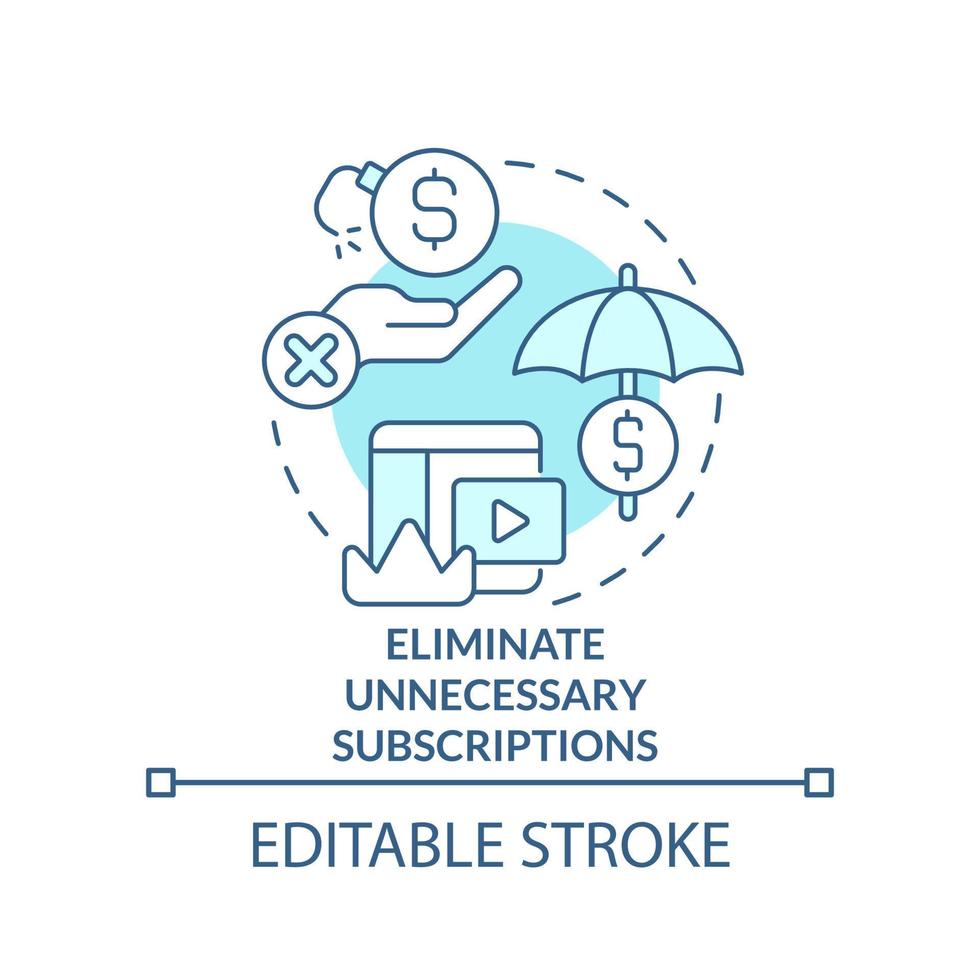 beseitigen nicht notwendig Abonnements Türkis Konzept Symbol. Budgetierung zum Inflation abstrakt Idee dünn Linie Illustration. isoliert Gliederung Zeichnung. editierbar Schlaganfall vektor