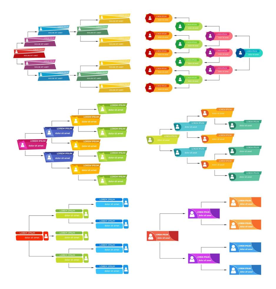 uppsättning av sex färgrik företag strukturera begrepp, företags- organisation Diagram schema med människor ikoner. vektor illustration.