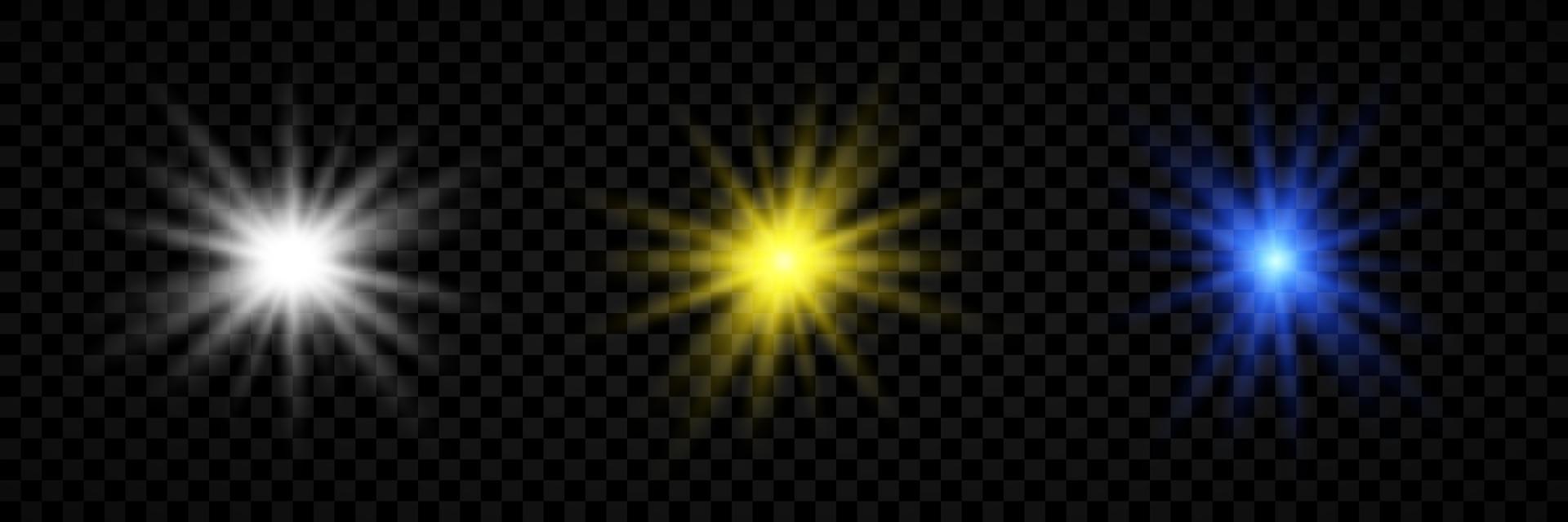 ljus effekt av lins bloss. uppsättning av tre vit, gul och blå lysande lampor starburst effekter med pärlar vektor