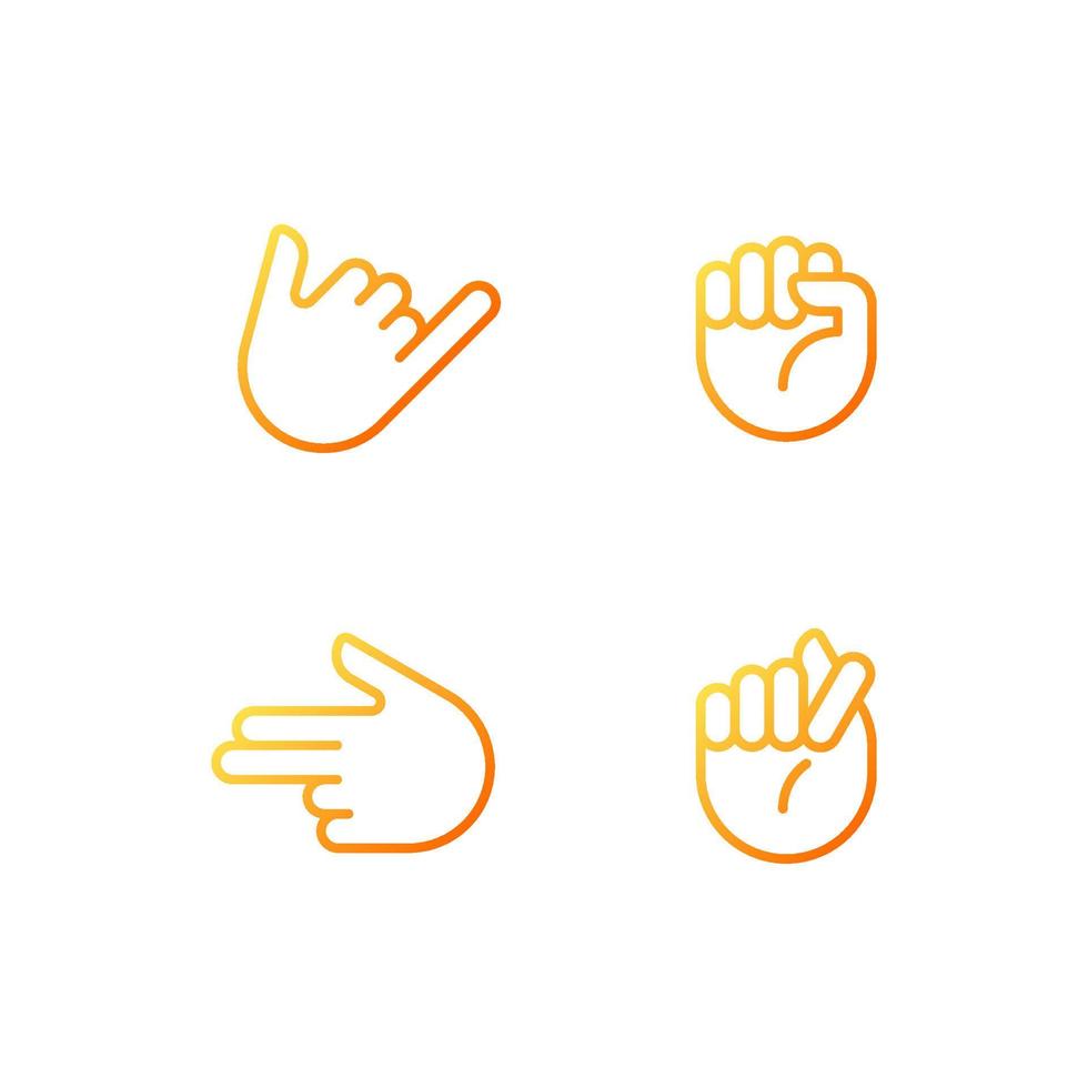 freundlich und aggressiv Gesten Pixel perfekt Gradient linear Vektor Symbole Satz. Hand Positionen. Körper Sprache. dünn Linie Kontur Symbol Designs bündeln. isoliert Gliederung Abbildungen Sammlung