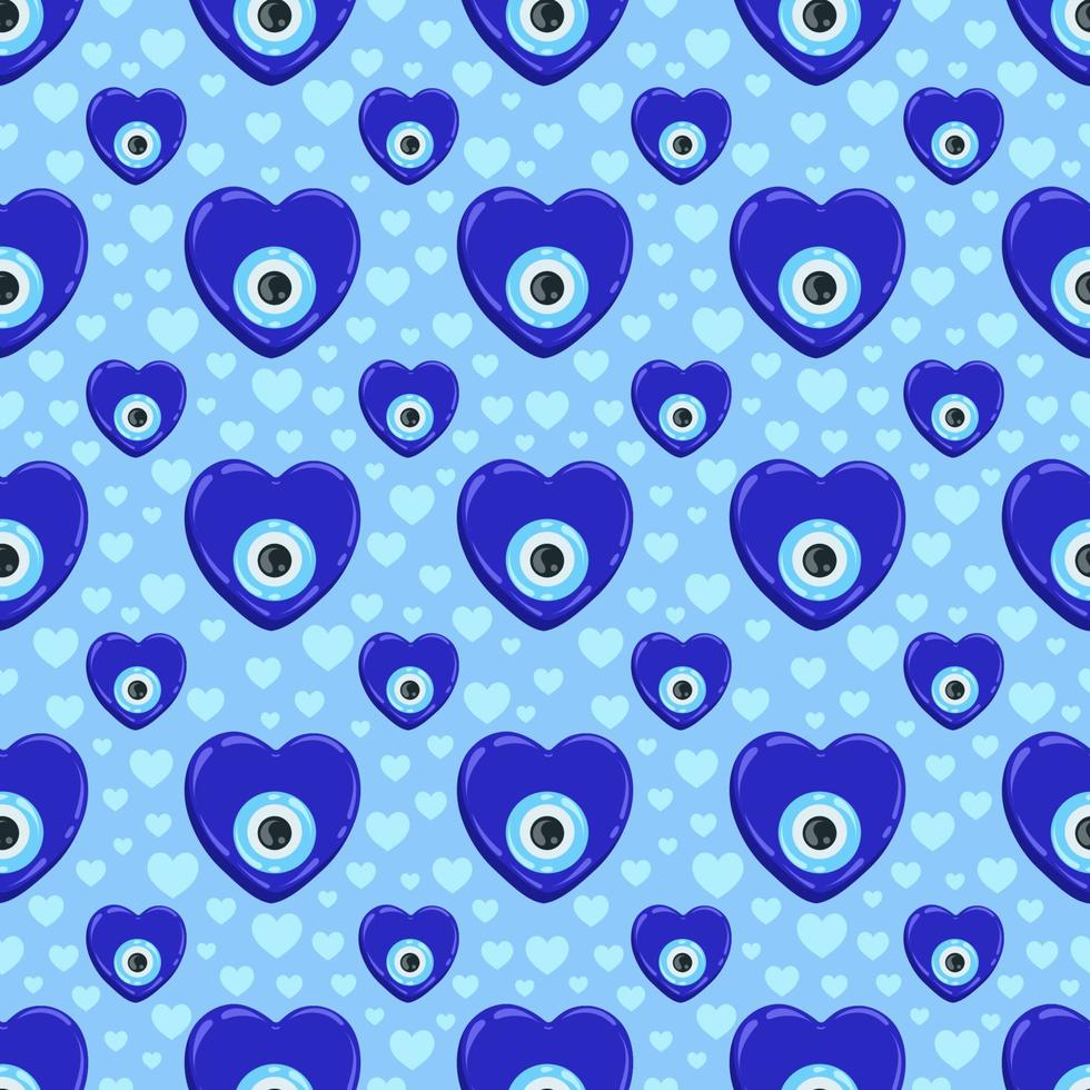 ondska öga mönster. grekisk hjärta pärla och turkiska blå nazar sömlös bakgrund. amulett för tur och energi skydd mot avundas. vektor tapet