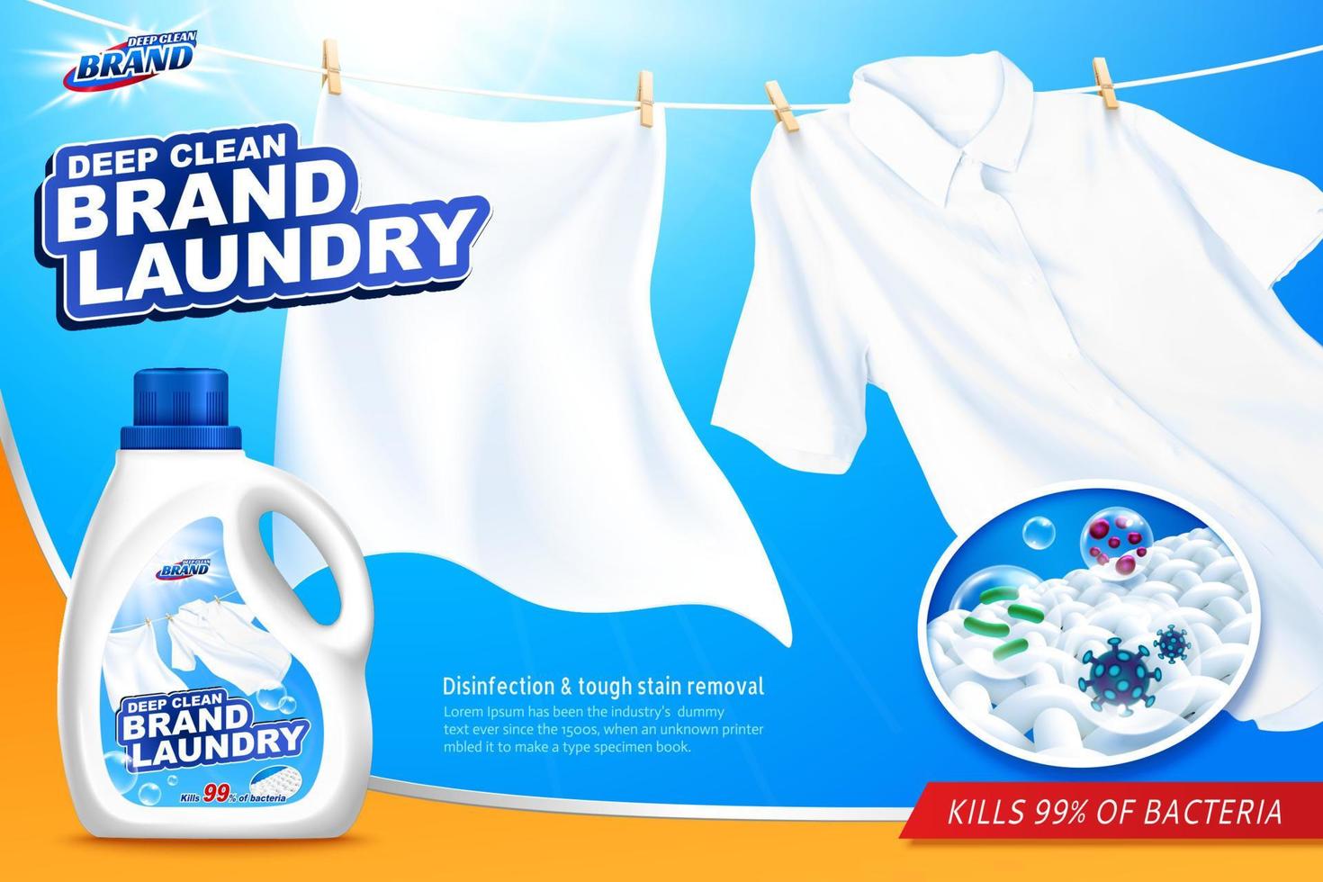 tvätt rengöringsmedel annonser med rena och vit kläder hängande i solljus, 3d illustration vektor