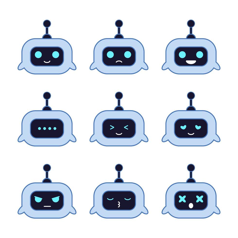chatbot avatar. dator chatt bots med känslor. robotar digital assistent rådgivare talare ansikte med antenn bot vektor isolerat ikon uppsättning