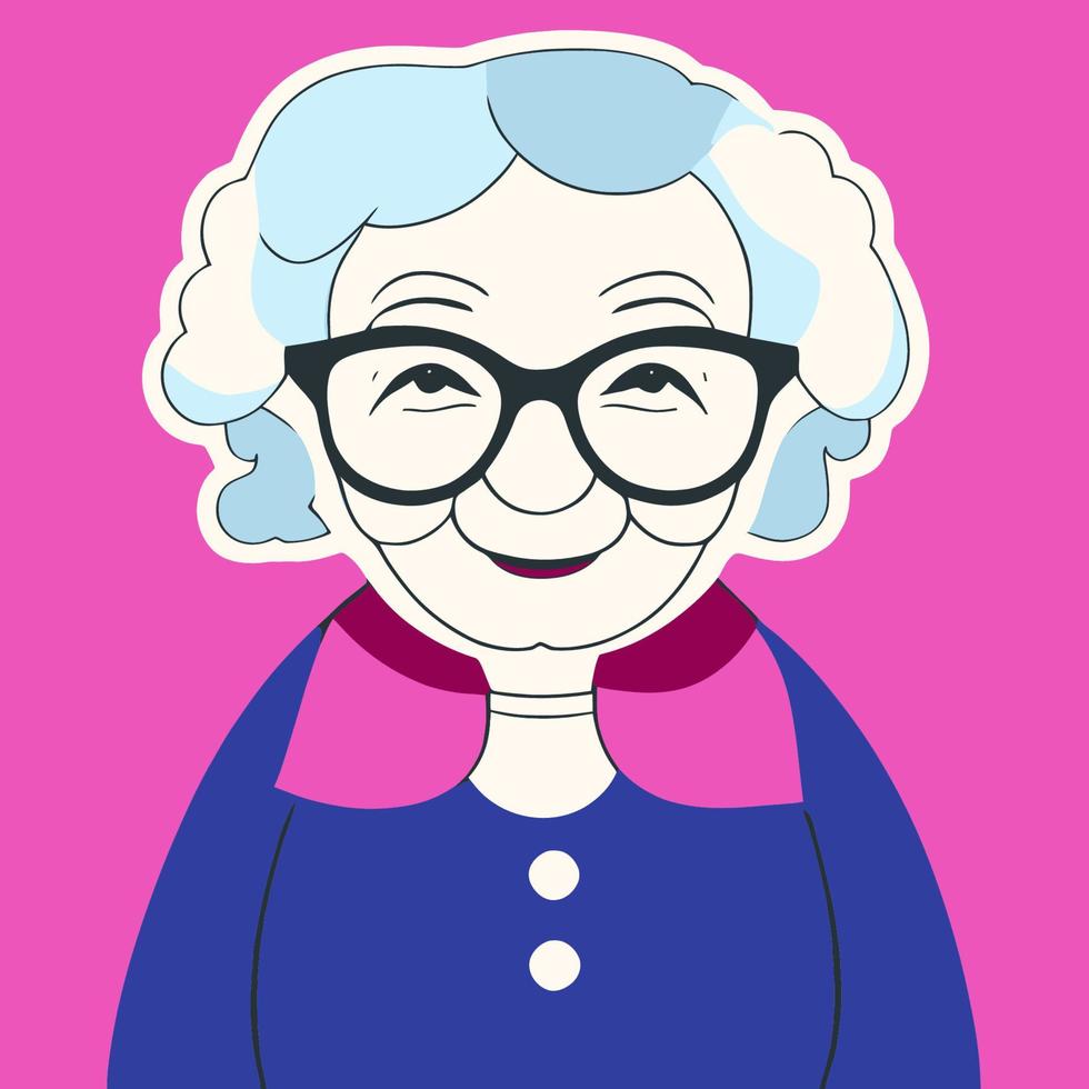 süß kawaii Alten Frau, Oma Charakter Aufkleber, Oma mit Gläser, Illustration Minimalismus, Vektor, Pastell- Farben vektor