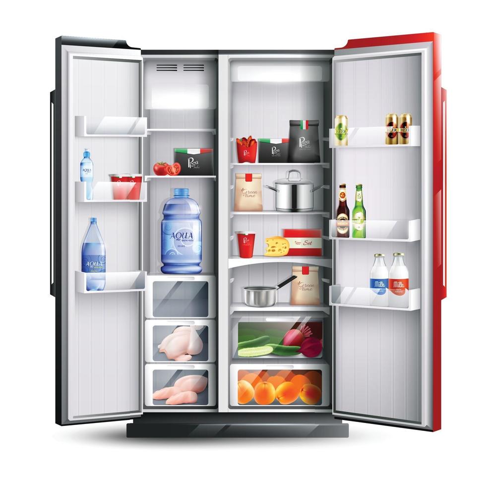 rött öppet kylskåp med produktvektorillustration vektor