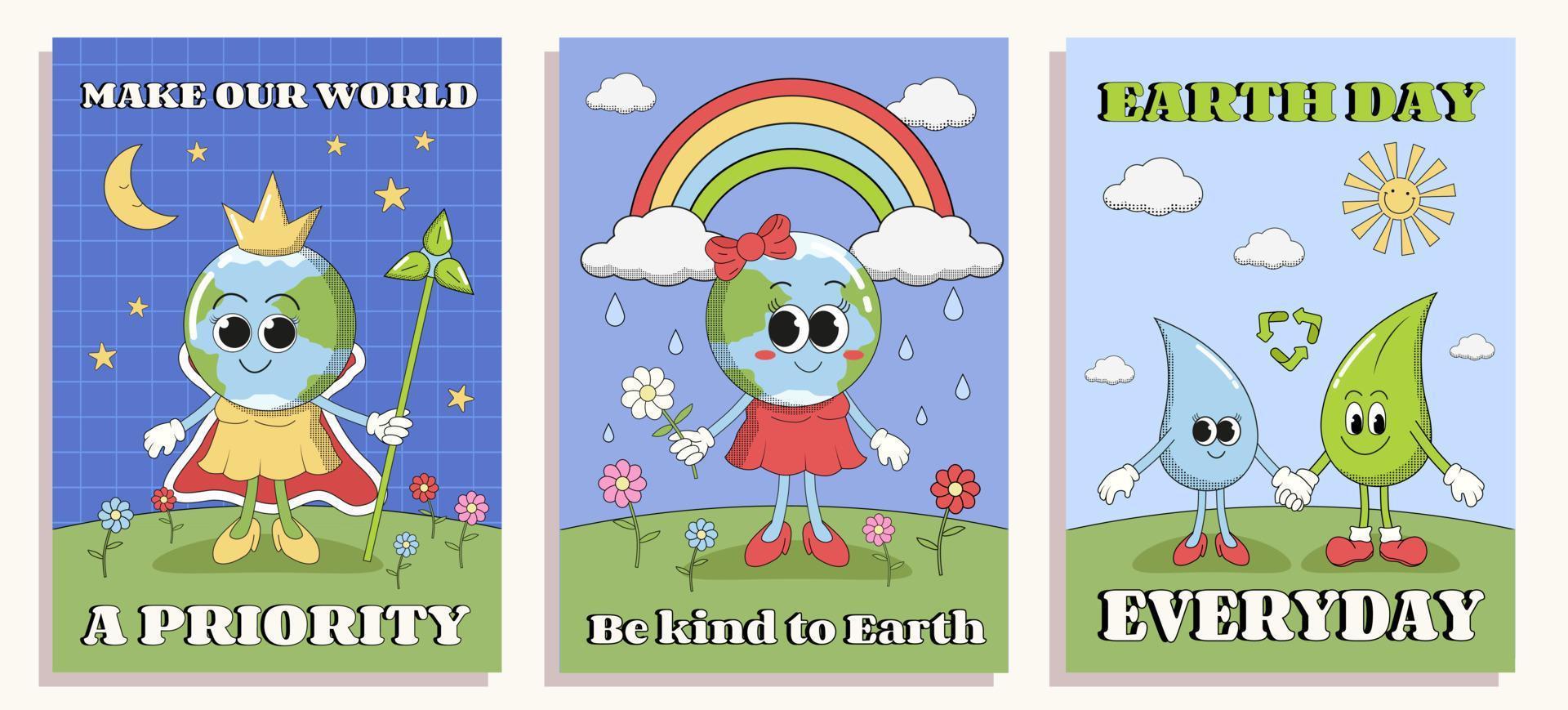 Erde Tag Poster, Ökologie Plakate mit groovig retro Figuren, speichern Erde Planet Plakate im groovig Stil. vektor