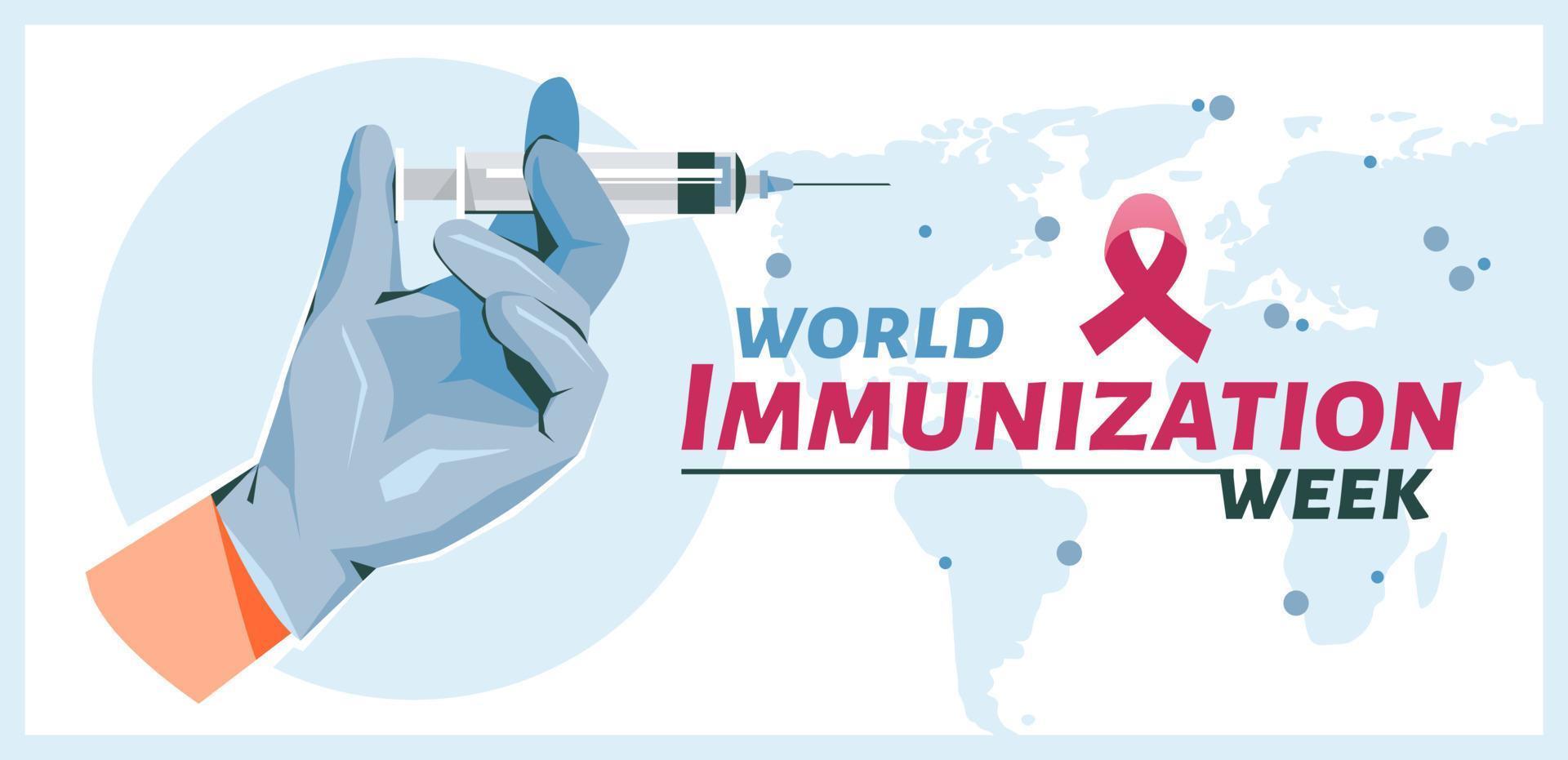 Welt Immunisierung Woche Netz Banner. Hand mit Spritze. Spritze mit Impfung. Karikatur Vektor eben Illustration.
