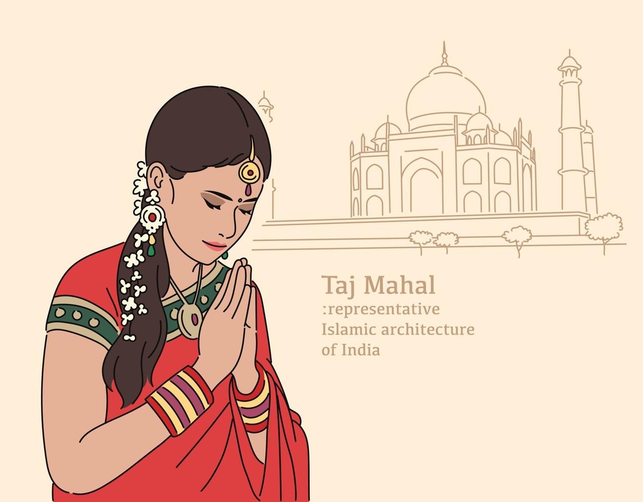 Inderin, die vor dem Taj Mahal betet. Hand gezeichnete Art Vektor-Design-Illustrationen. vektor