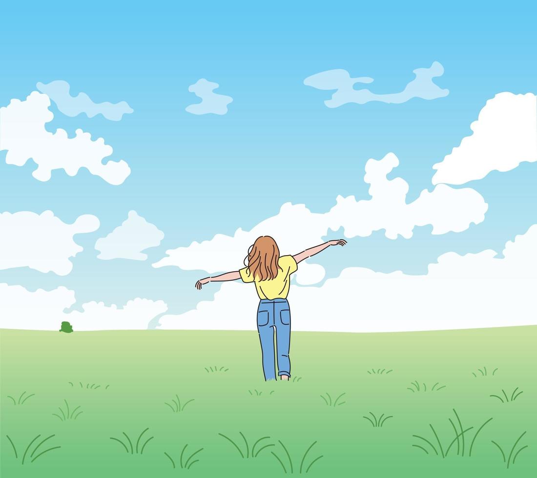 Eine Frau steht mit weit geöffneten Armen in einem klaren Himmel und einem weiten Feld. Hand gezeichnete Art Vektor-Design-Illustrationen. vektor