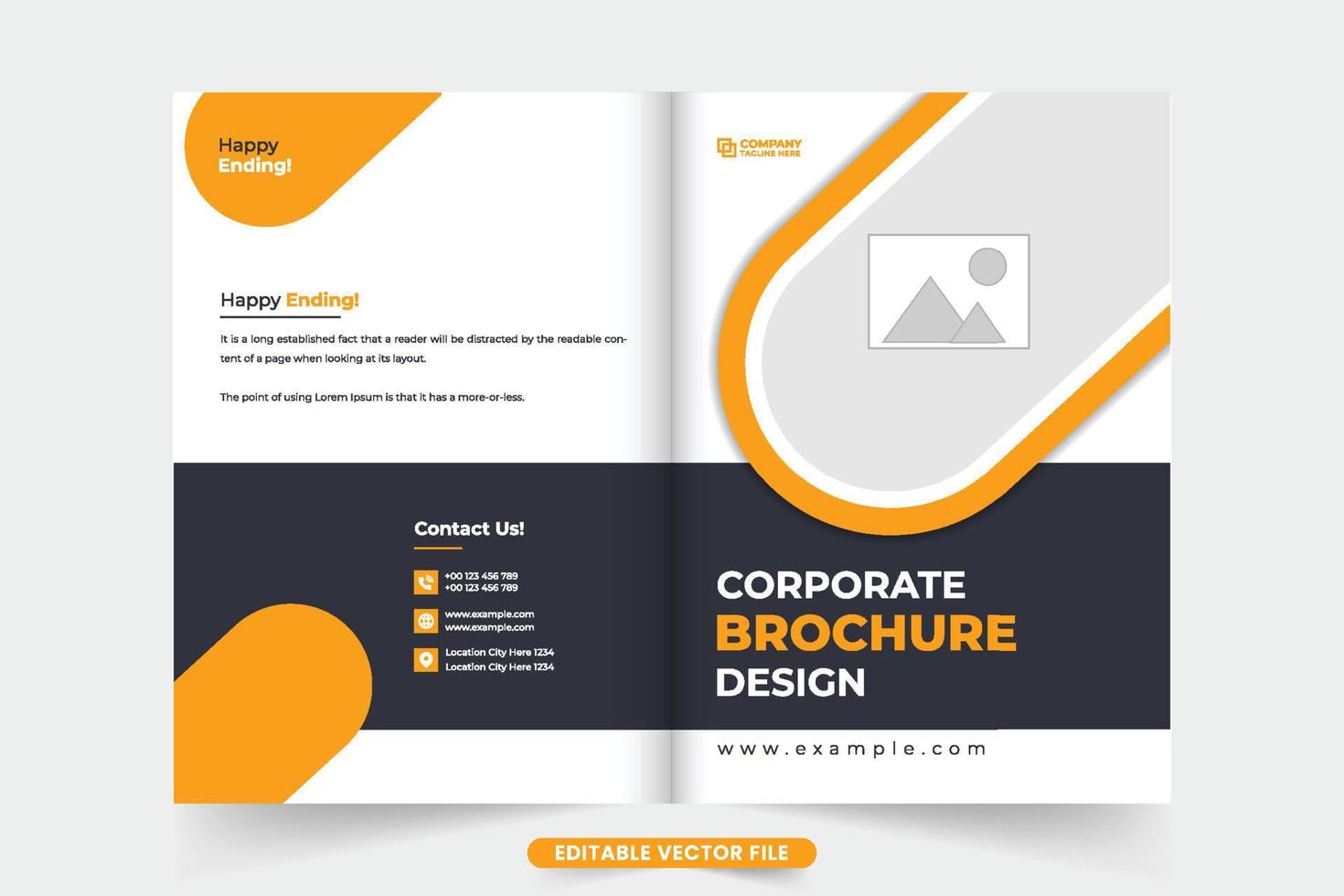 korporativ Unternehmen Profil und Heft Design mit geometrisch Formen. Geschäft Vorschlag Zeitschrift Startseite Vorlage mit Gelb dunkel Farben. Unternehmen Portfolio und jährlich Bericht Startseite Vektor. vektor