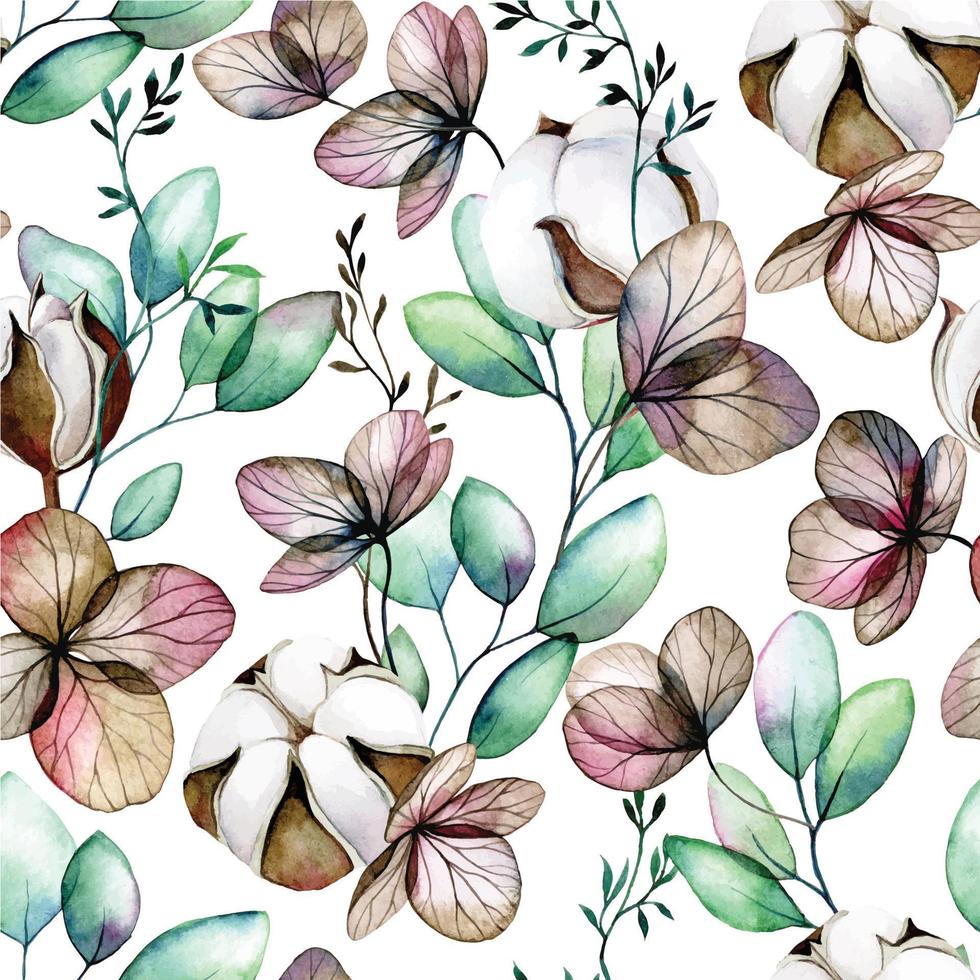 Aquarell nahtlos Muster mit Baumwolle Blumen, trocken Hortensie Blumen und Eukalyptus Blätter auf ein Weiß Hintergrund vektor
