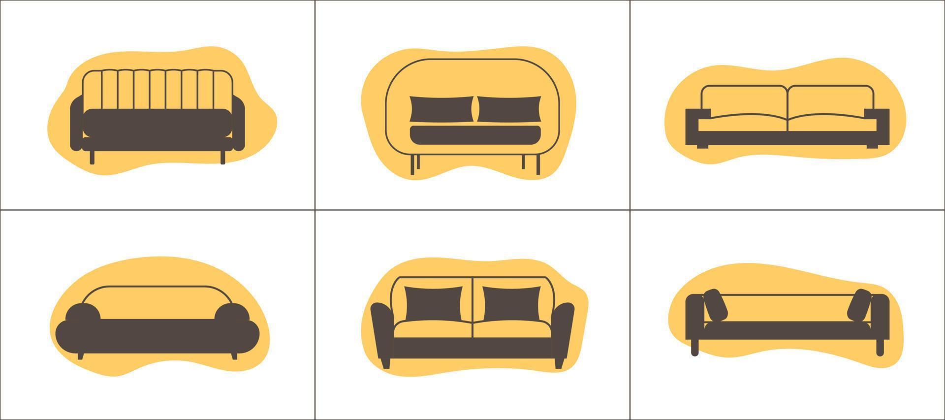 Sofa Symbole einstellen im eben Stil. Möbel Symbole auf abstrakt Formen Hintergründe. vektor