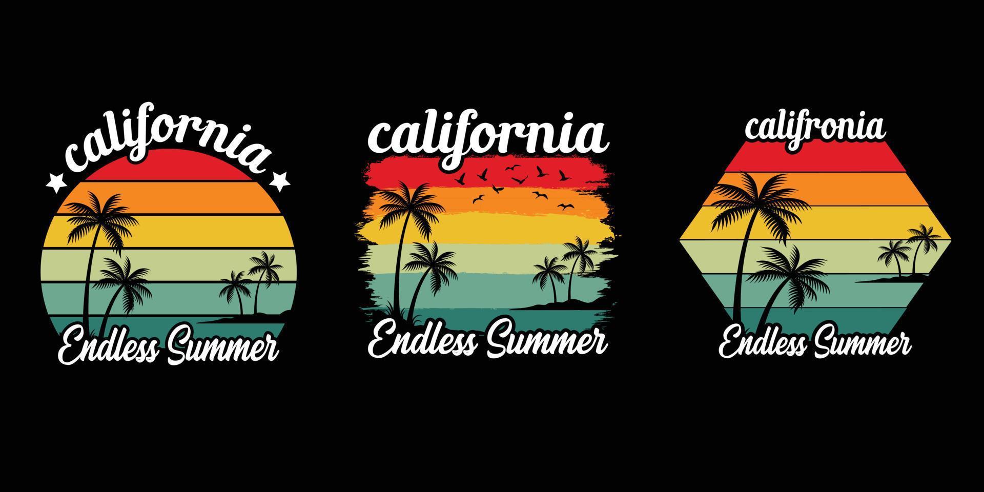 Jahrgang retro Sonnenuntergang Sommer- Strand T-Shirt Design zum Sommer- Stimmung nur, Kalifornien Strand genießen Sommer- mit Palme Bäume Liegestuhl Regenschirm T-Shirt Grafik Banner, Poster, Flyer Vektor Illustration