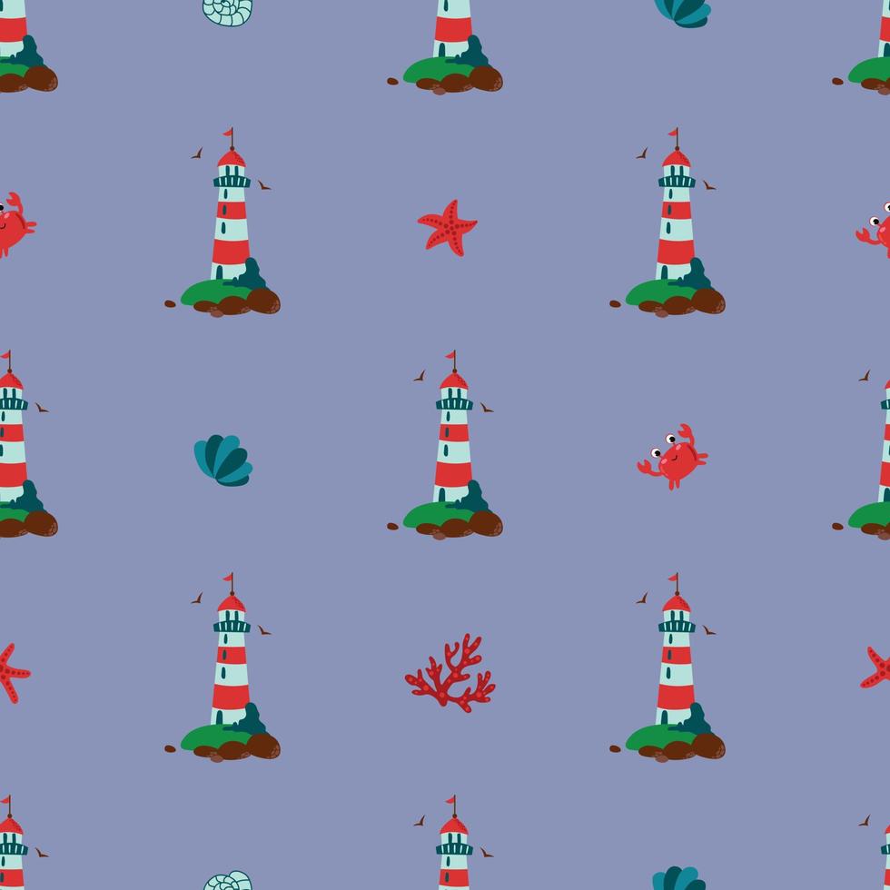 nahtlos Muster mit Leuchtturm, Krabben, Seestern, Schale und karl. Design zum Stoff, Textil, Hintergrund, Verpackung. vektor