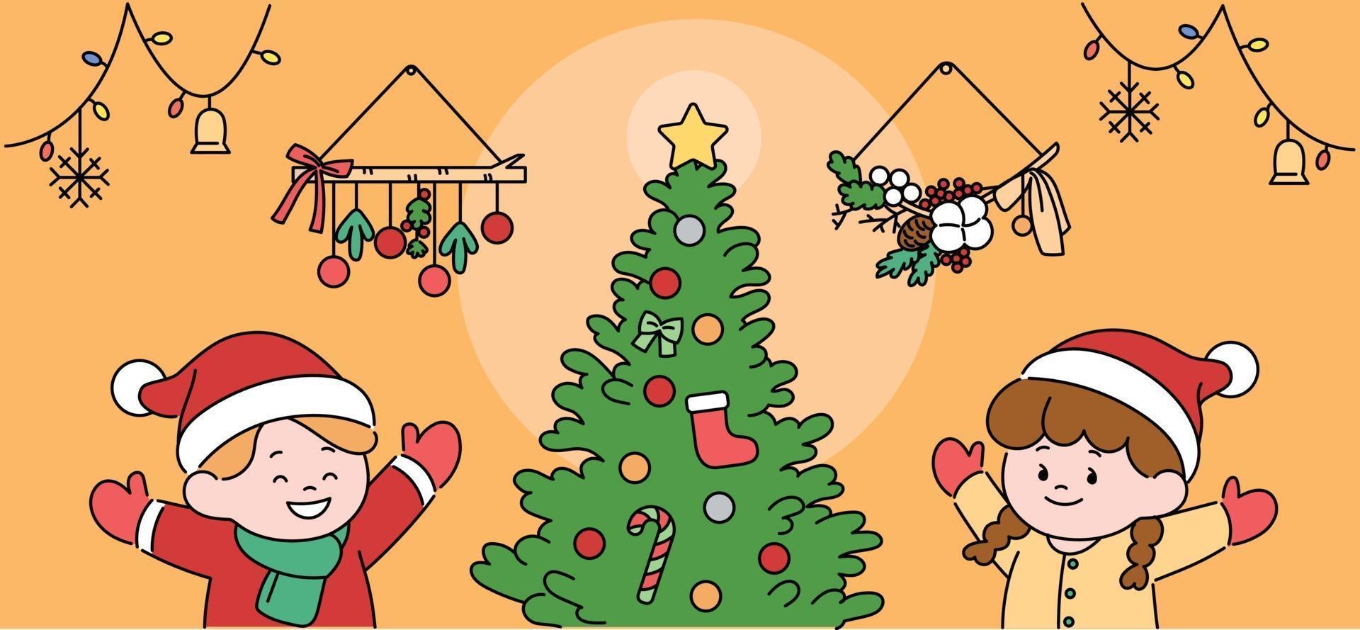 Kinder in Weihnachtsmützen genießen den Weihnachtsbaum. Hand gezeichnete Art Vektor-Design-Illustrationen. vektor