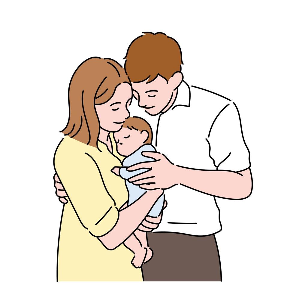 Vater und Mutter halten glücklich ihr neugeborenes Baby. Hand gezeichnete Art Vektor-Design-Illustrationen. vektor