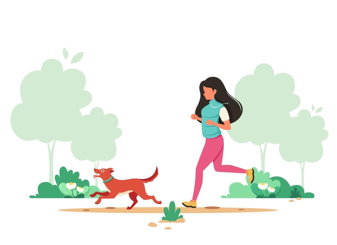 kvinna som joggar med hund på våren. utomhusaktivitet. vektor illustration.