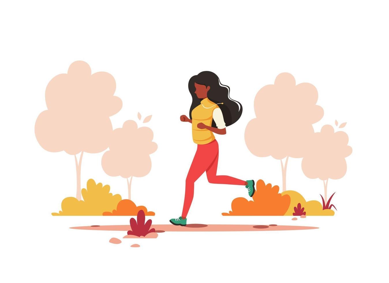 schwarze Frau, die im Herbstpark joggt. gesunder Lebensstil, Sport, Outdoor-Aktivitätskonzept. Vektorillustration. vektor